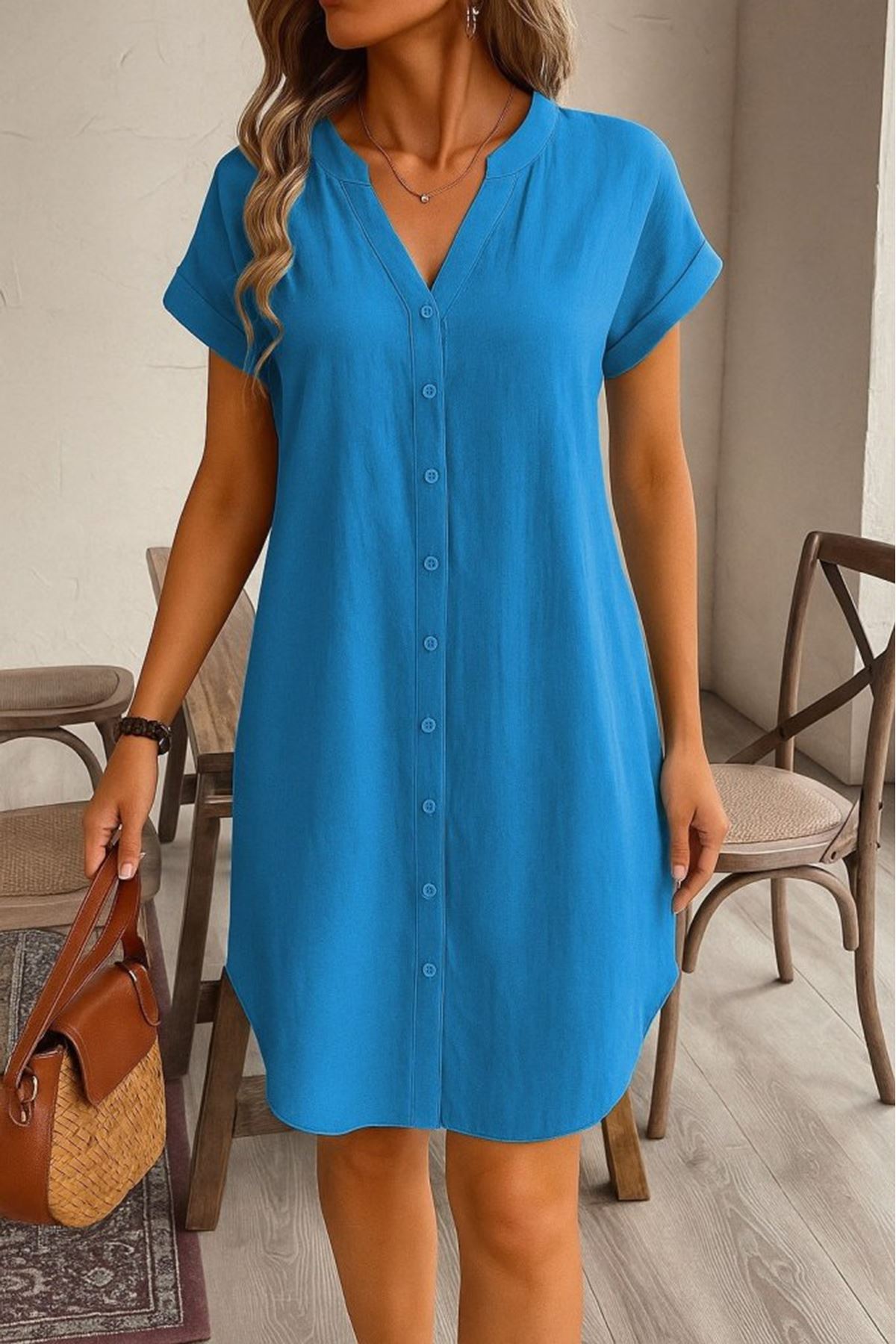 Kadın Kısa Kollu önden Düğmeli Ithal Keten Elbise