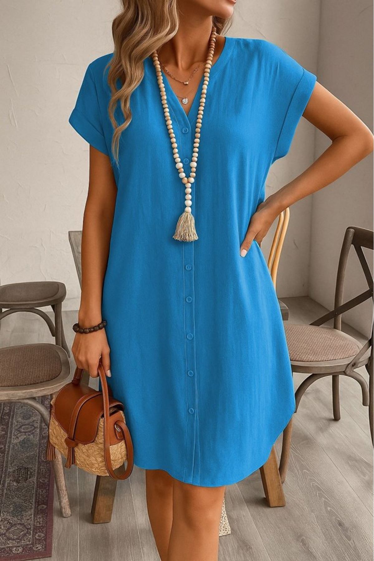 Kadın Kısa Kollu önden Düğmeli Ithal Keten Elbise