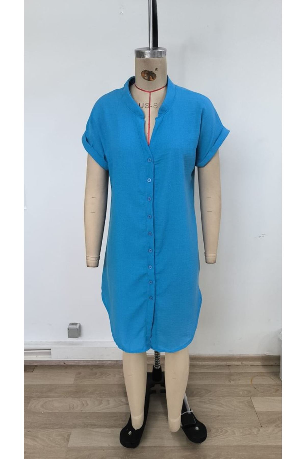 Kadın Kısa Kollu önden Düğmeli Ithal Keten Elbise