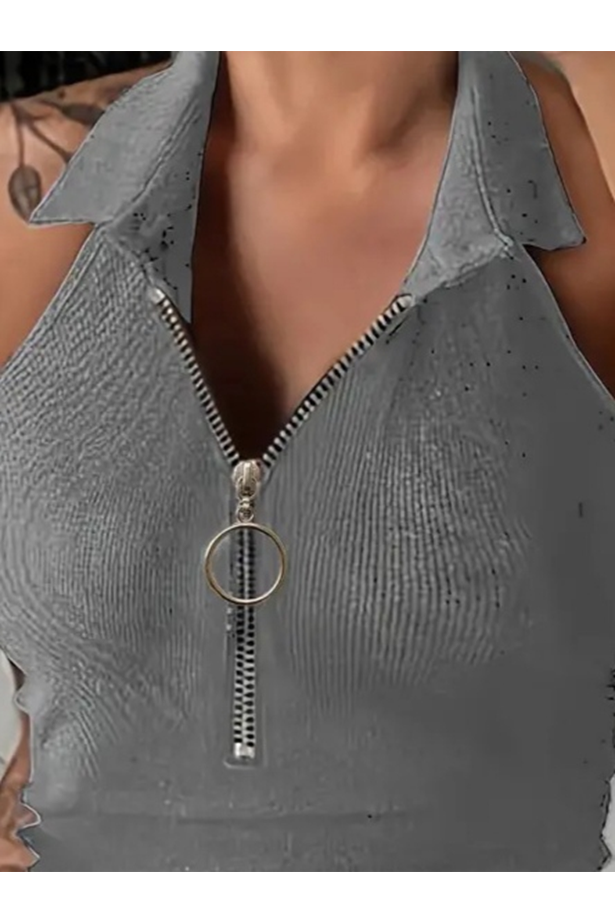 Kadın Kolsuz Polo Yaka önü Fermuarlı Kaşkorse Bluz