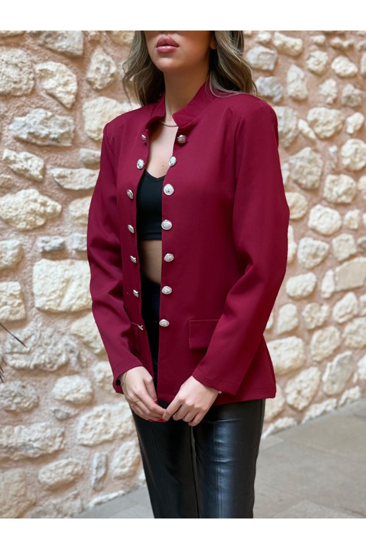 Kadın Uzun Kollu Hakim Yaka önü Açık Düğme Detaylı Atlas Ceket