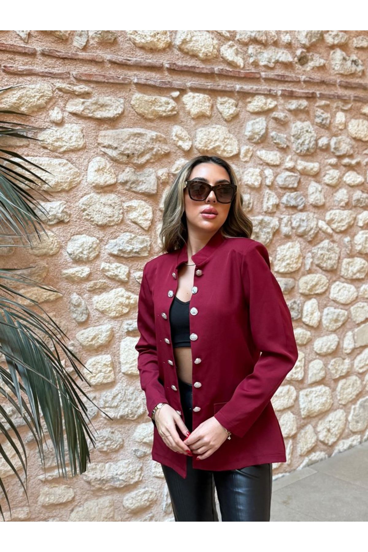 Kadın Uzun Kollu Hakim Yaka önü Açık Düğme Detaylı Atlas Ceket