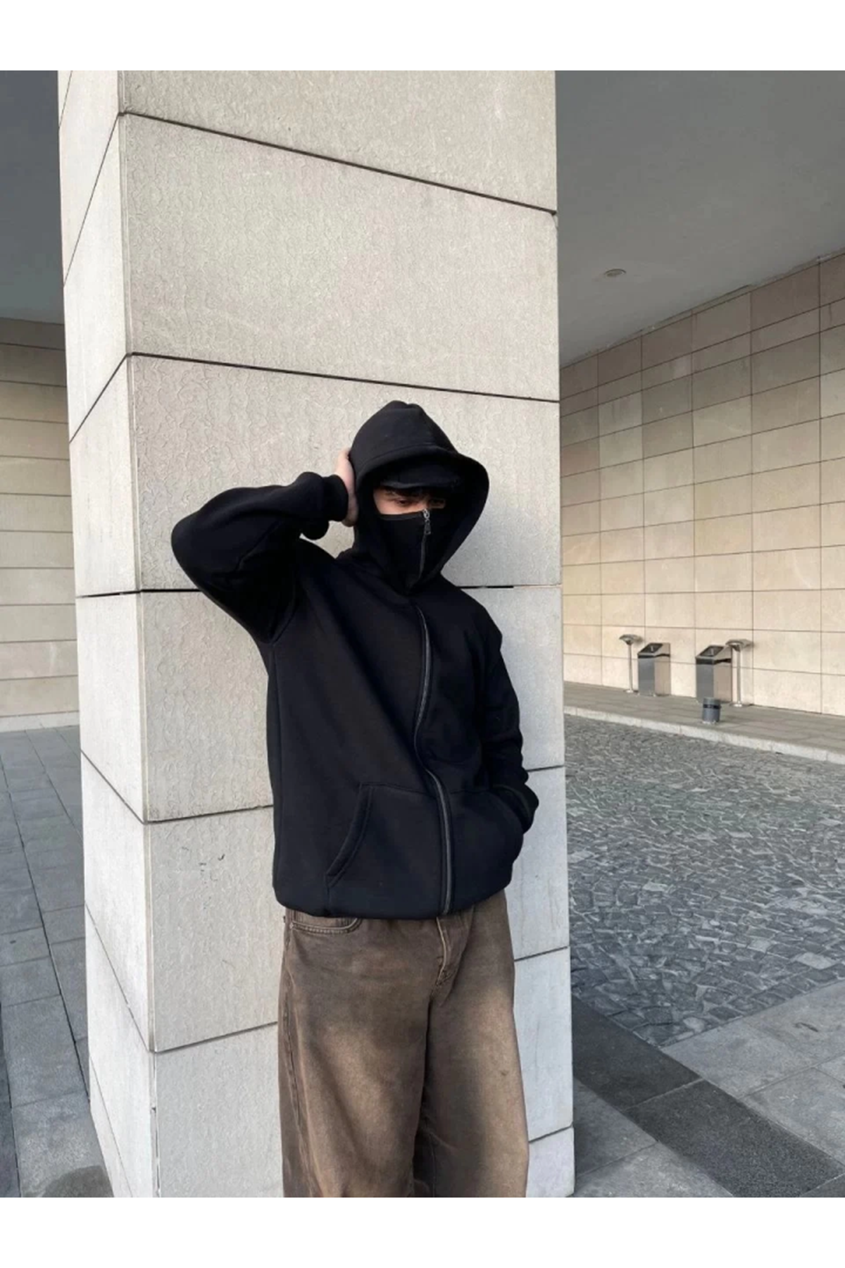 Samuray Ninja Çift Kapşonlu ZIP Fermuarlı Kanguru Çepli Tam Fermuarlı Hoodie Swetshirt - Siyah