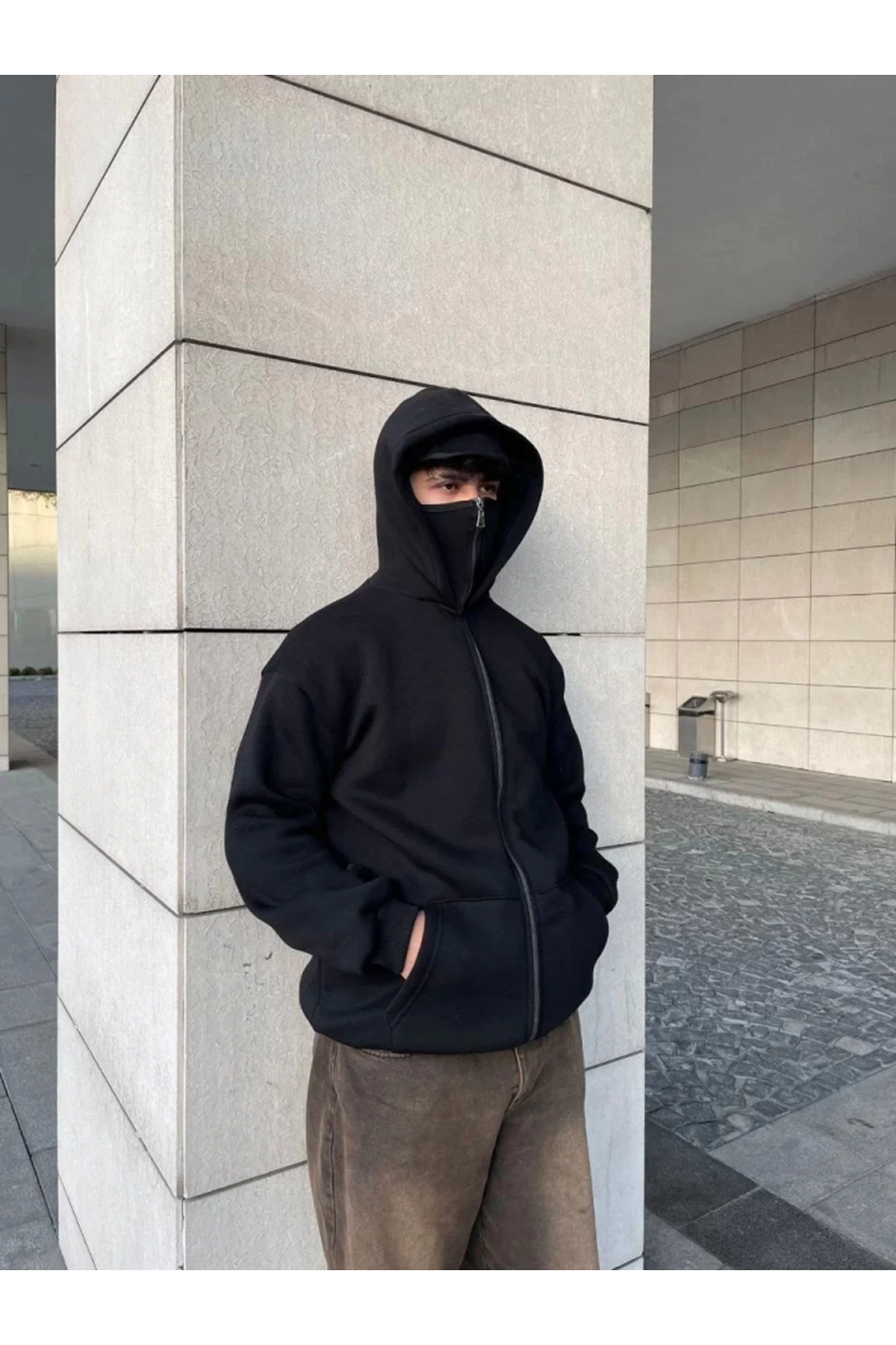 Samuray Ninja Çift Kapşonlu ZIP Fermuarlı Kanguru Çepli Tam Fermuarlı Hoodie Swetshirt - Siyah