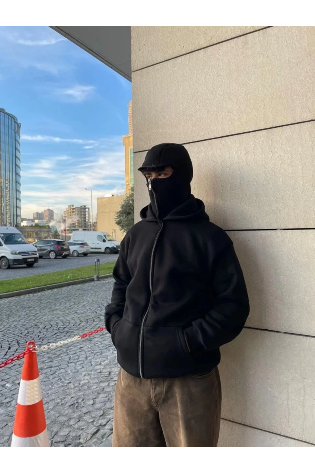 Samuray Ninja Çift Kapşonlu ZIP Fermuarlı Kanguru Çepli Tam Fermuarlı Hoodie Swetshirt - Siyah