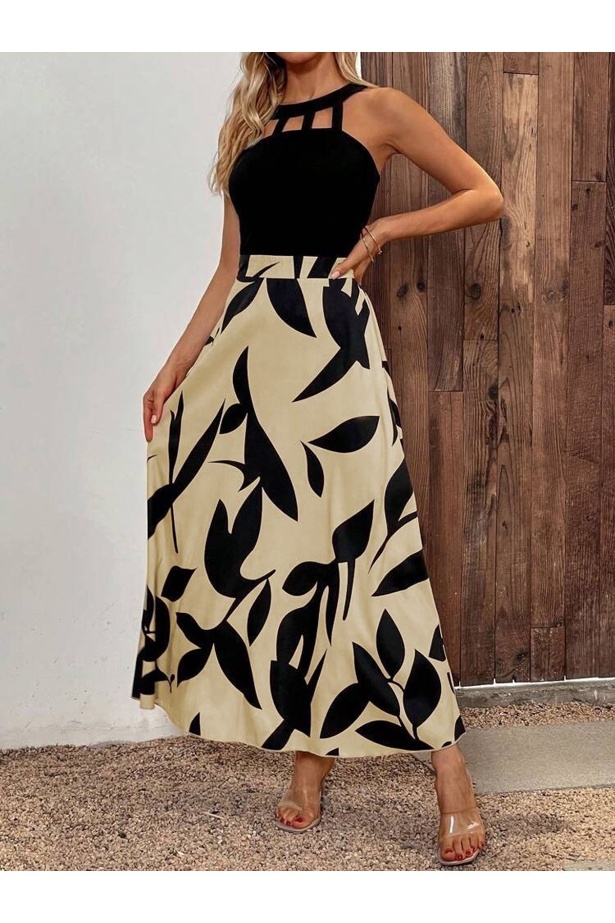 Kadın Sıfır Kollu Yakadan şeritli Omuzlardan Açık Janjan Krep Desenli Al Dalgıç Maxi Elbise