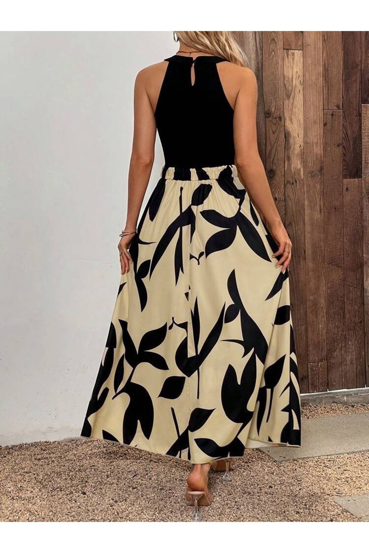 Kadın Sıfır Kollu Yakadan şeritli Omuzlardan Açık Janjan Krep Desenli Al Dalgıç Maxi Elbise