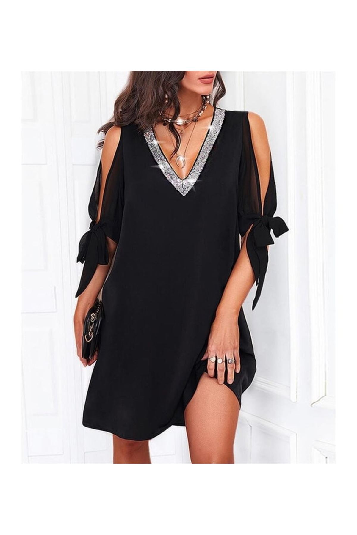 Kadın V Yaka Pulpayet Detay Kolları Bağlamalı Fırsat ürün Tunik