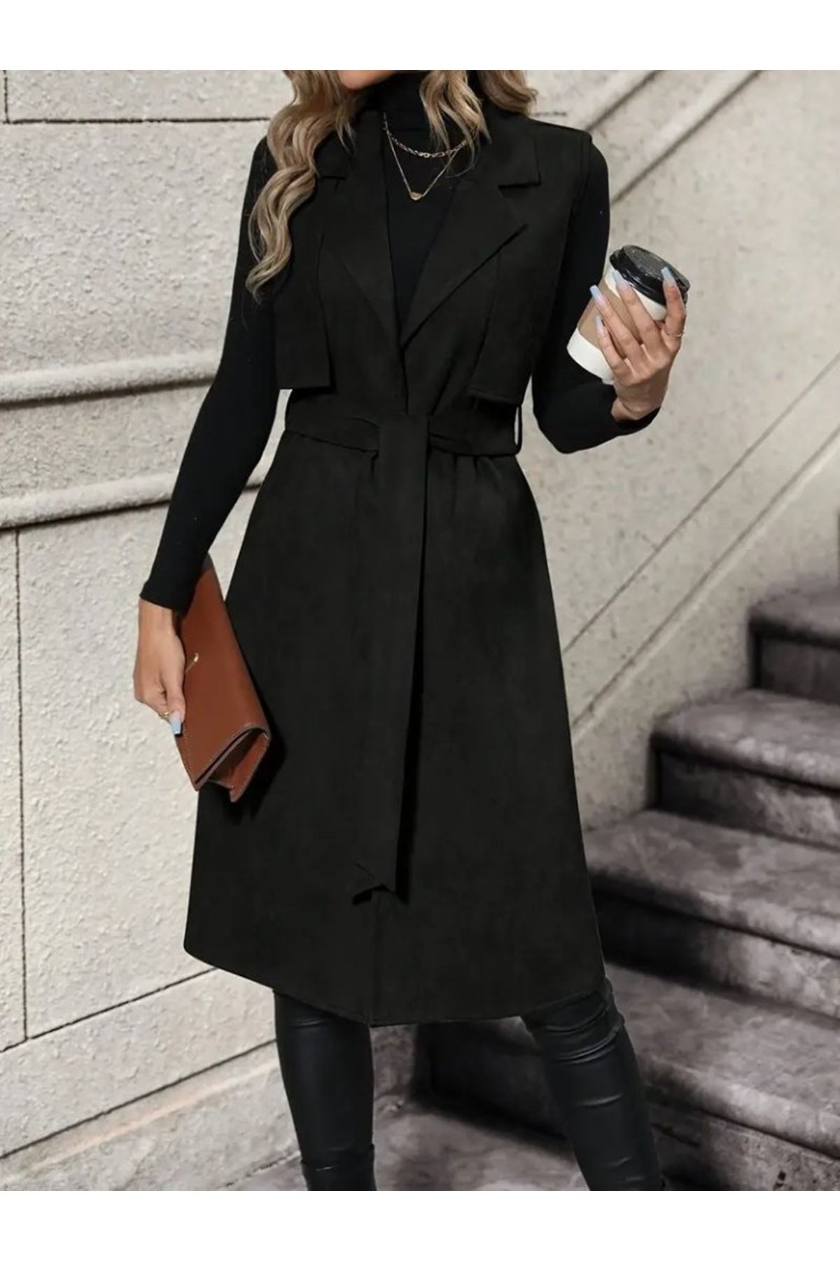 Kadın Kolsuz Yakalı önü Açık Belden Kuşaklı Süet Midi Yelek