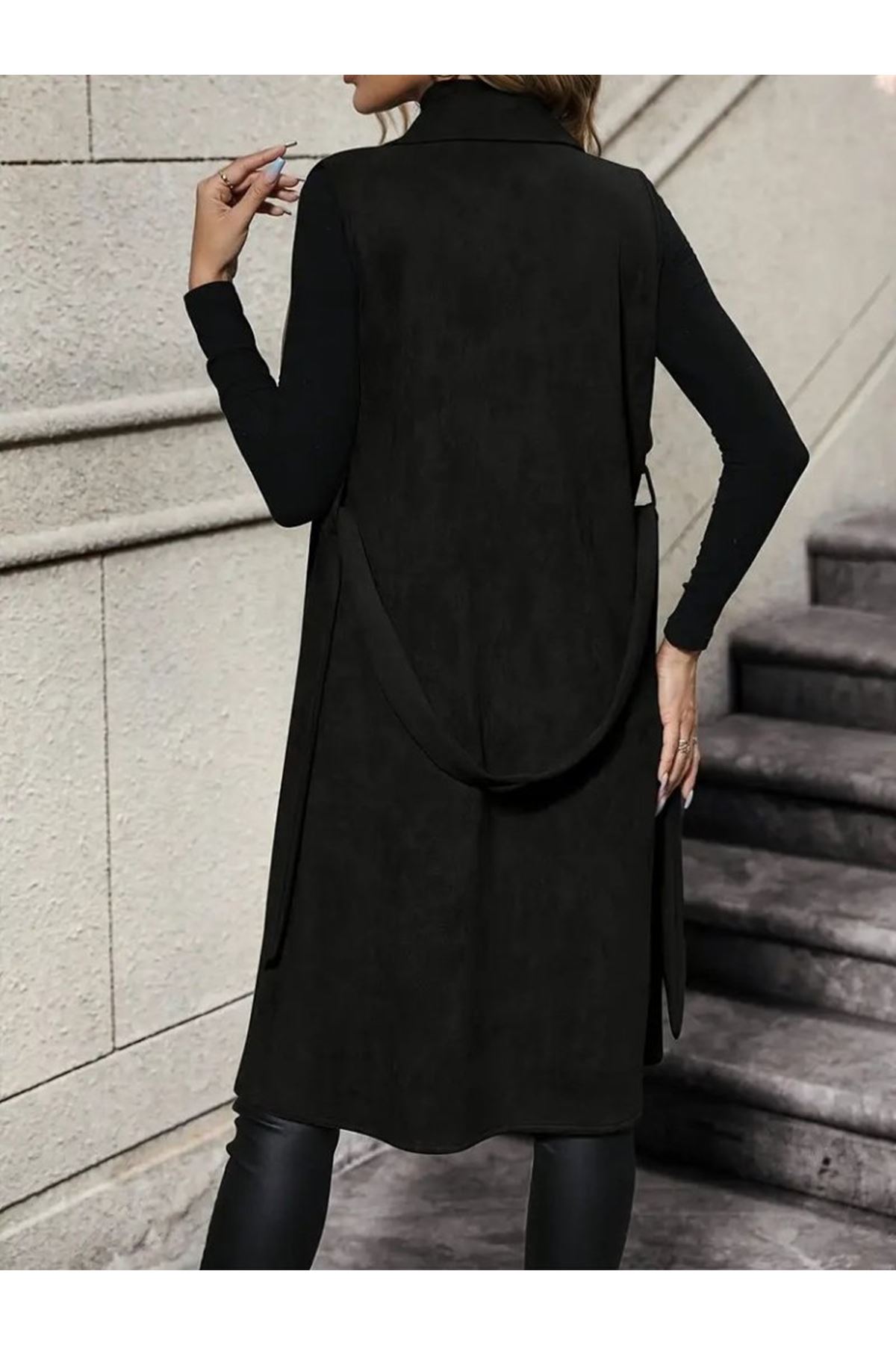 Kadın Kolsuz Yakalı önü Açık Belden Kuşaklı Süet Midi Yelek