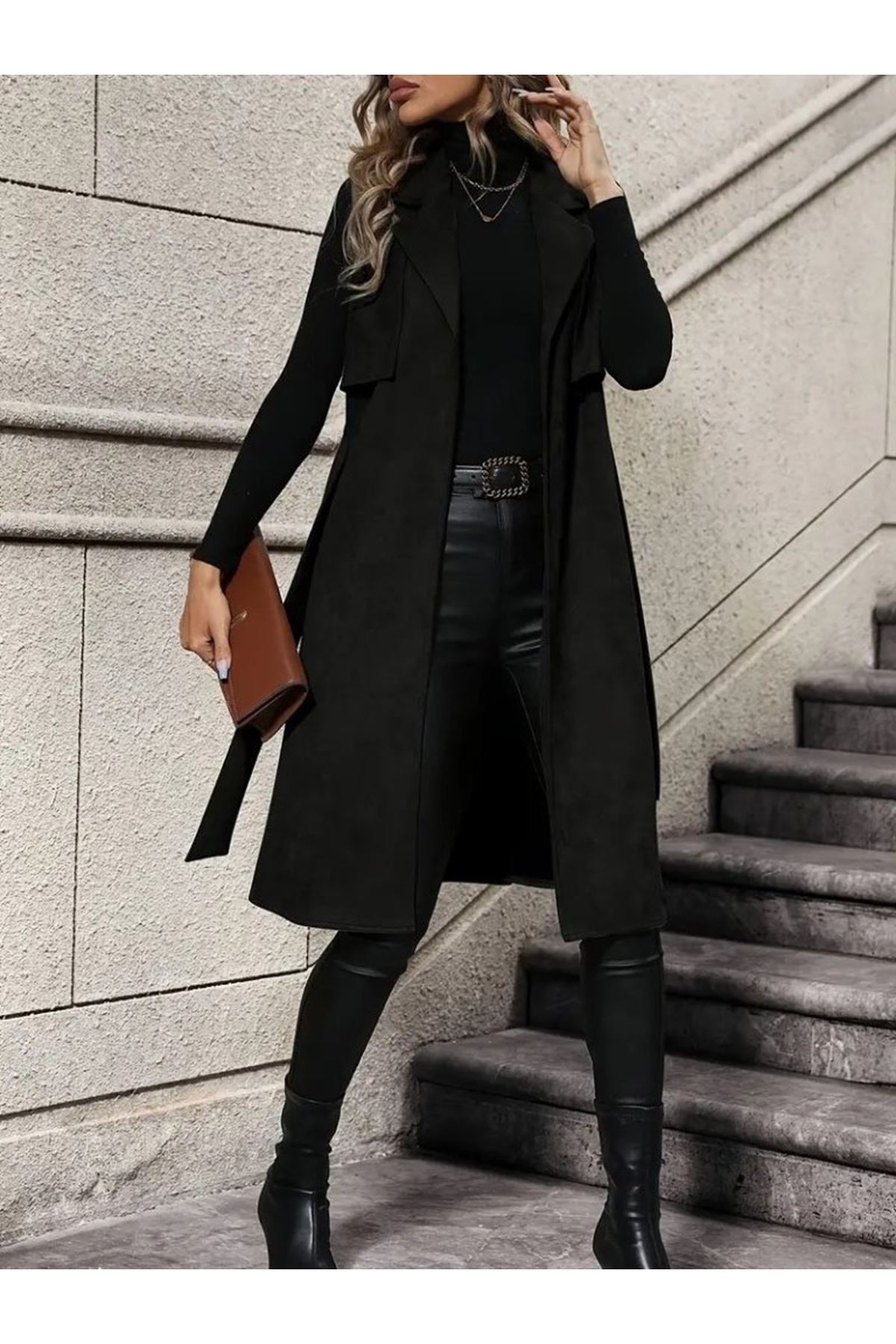 Kadın Kolsuz Yakalı önü Açık Belden Kuşaklı Süet Midi Yelek