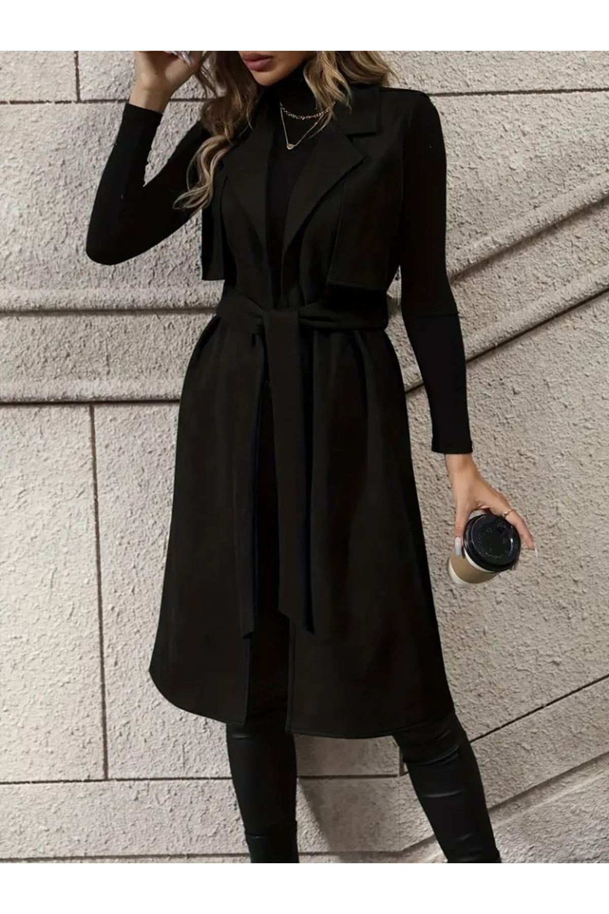 Kadın Kolsuz Yakalı önü Açık Belden Kuşaklı Süet Midi Yelek