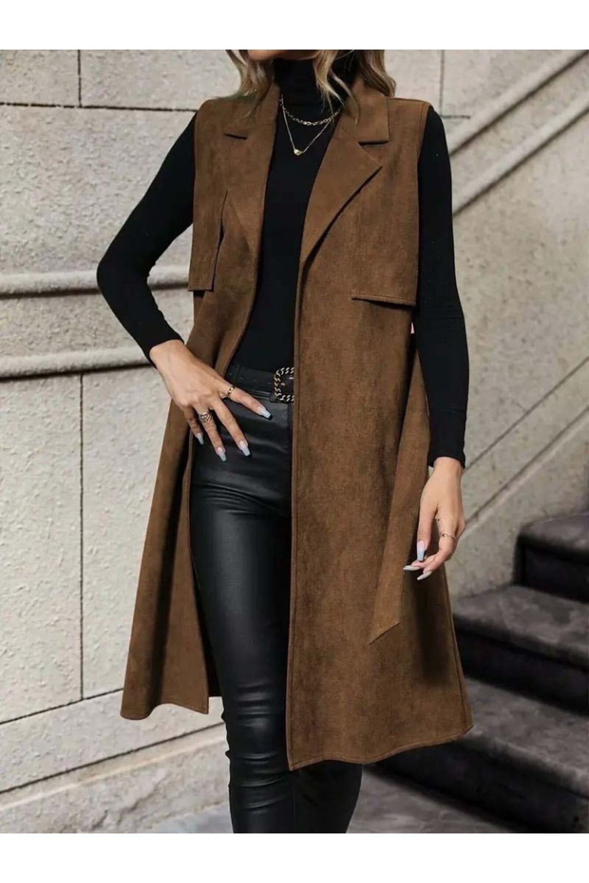 Kadın Kolsuz Yakalı önü Açık Belden Kuşaklı Süet Midi Yelek