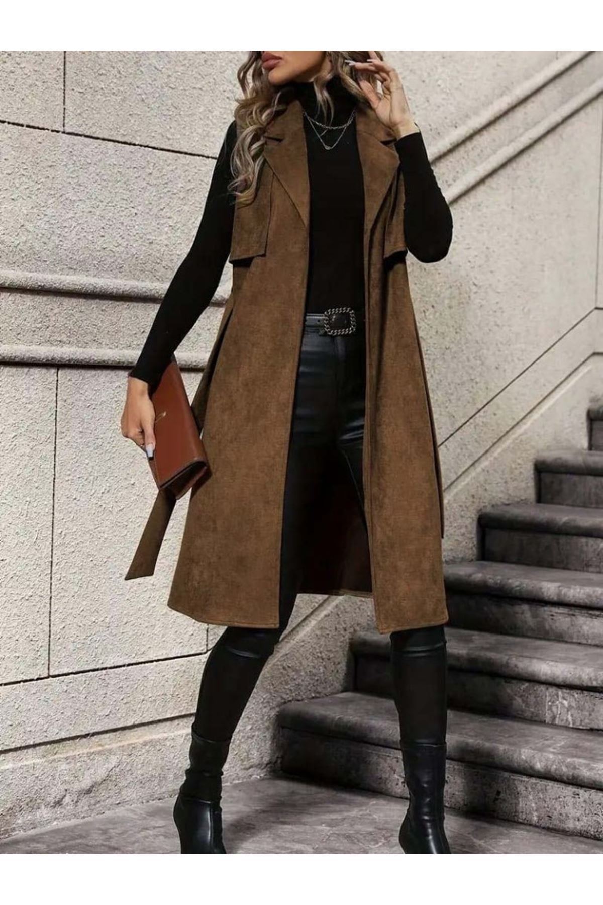 Kadın Kolsuz Yakalı önü Açık Belden Kuşaklı Süet Midi Yelek