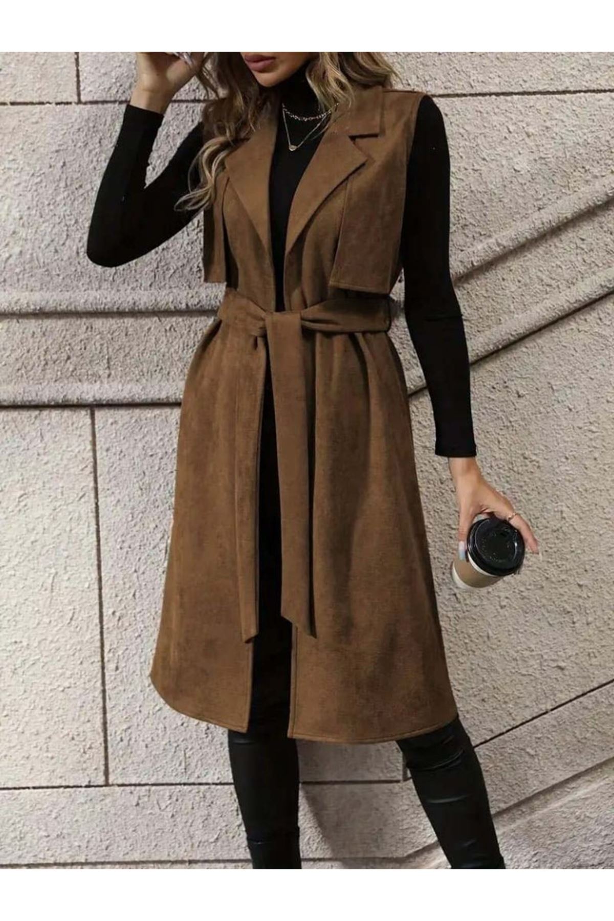 Kadın Kolsuz Yakalı önü Açık Belden Kuşaklı Süet Midi Yelek