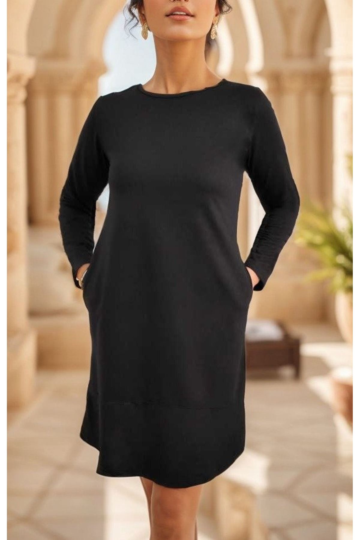 Kadın Uzun Kollu Bisiklet Yaka Cep Detay Etek Ucu Volanlı Iki Iplik Elbise