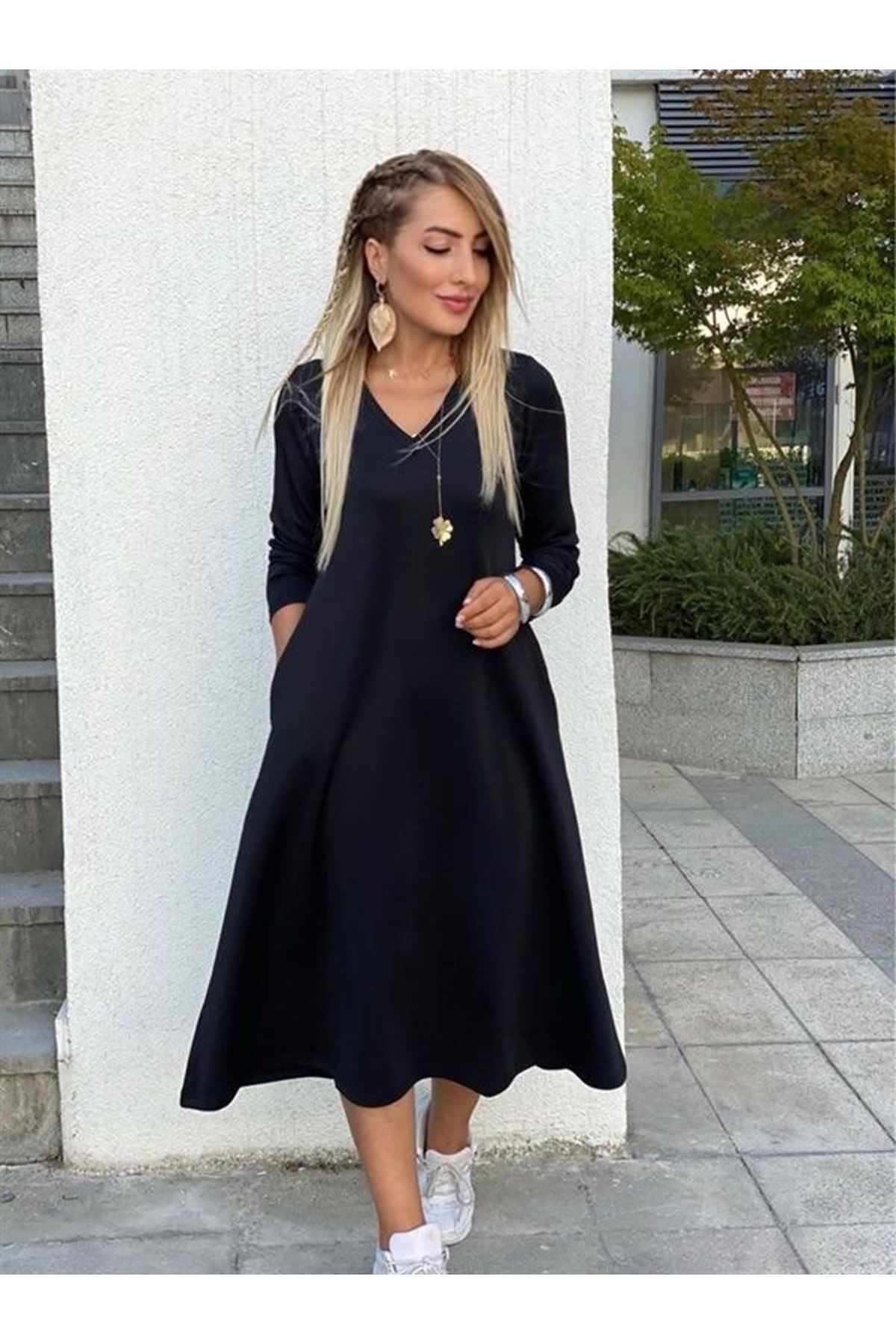 Kadın Uzun Kollu V Yakalı Yanlardan Yırtmaçlı Viskon Iki Iplik Midi Elbise