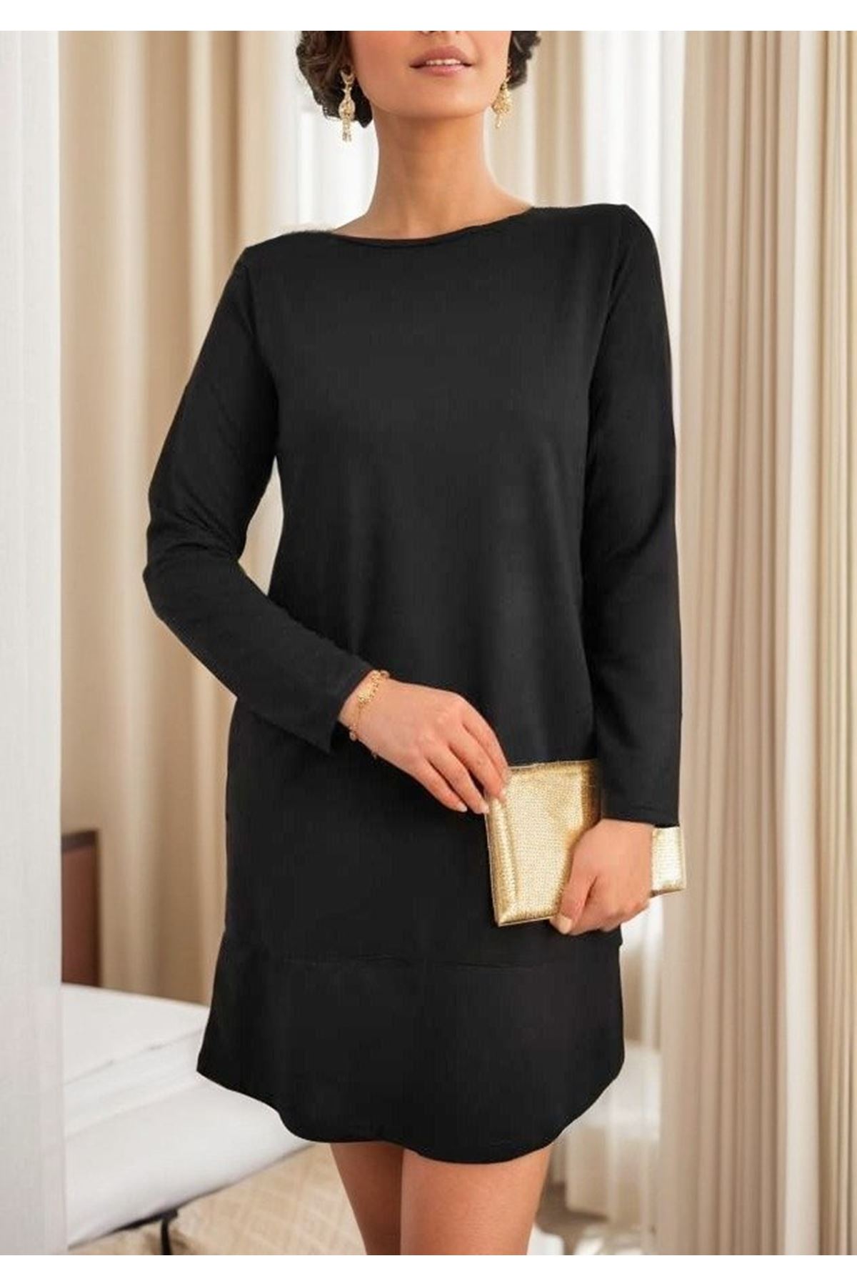 Kadın Uzun Kollu Bisiklet Yaka Cep Detay Etek Ucu Volanlı Iki Iplik Elbise