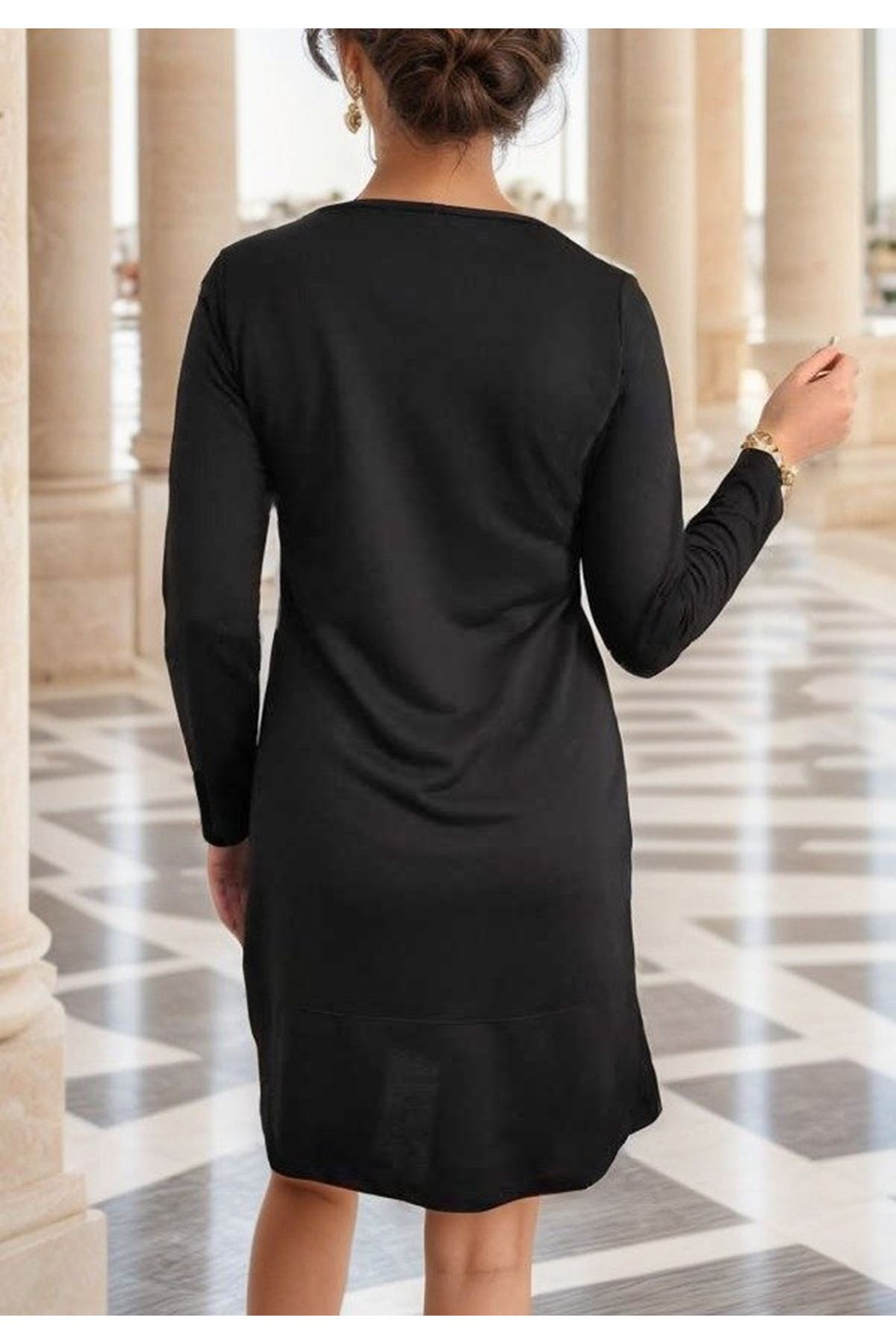 Kadın Uzun Kollu Bisiklet Yaka Cep Detay Etek Ucu Volanlı Iki Iplik Elbise