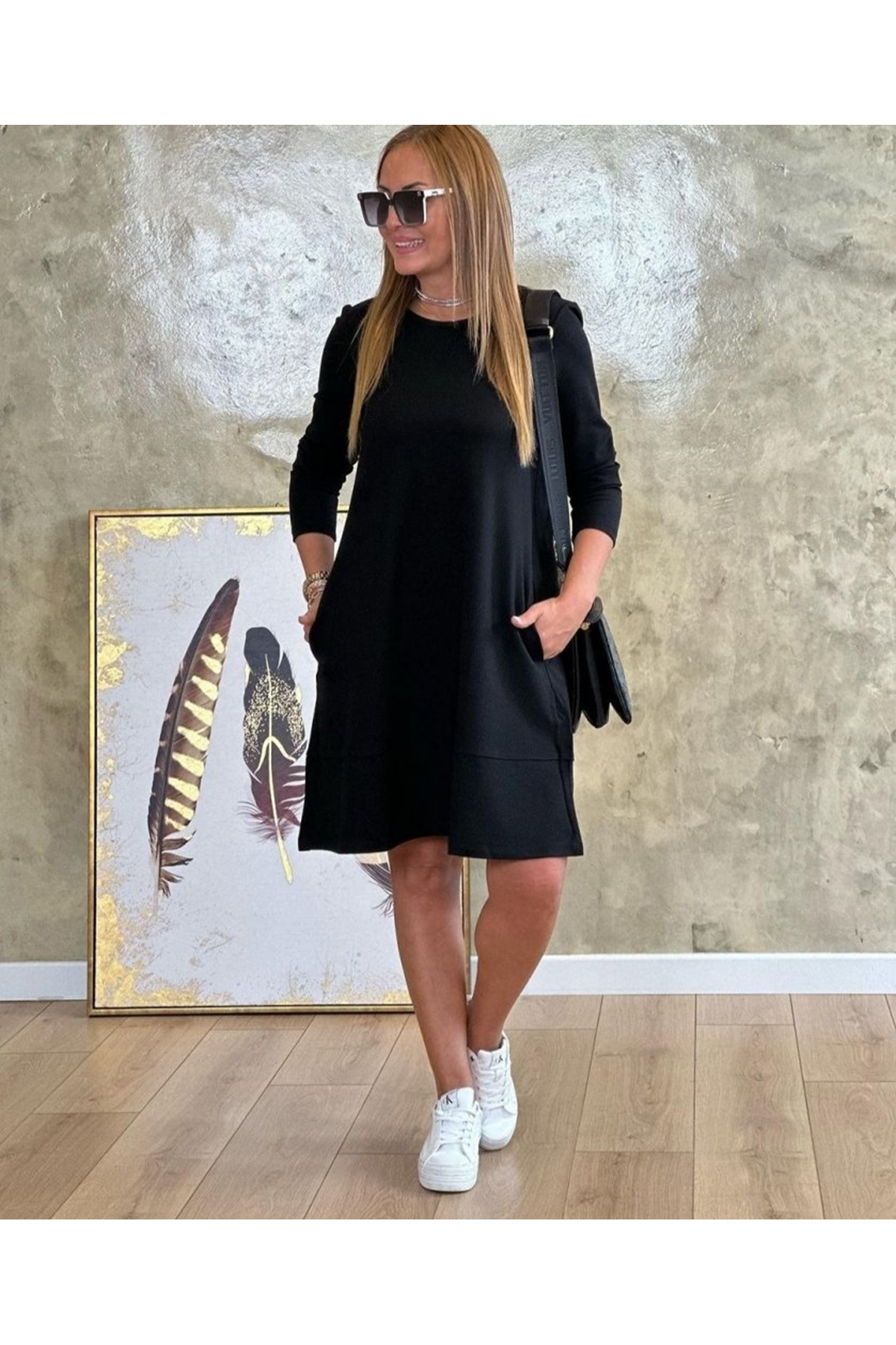 Kadın Uzun Kollu Bisiklet Yaka Cep Detay Etek Ucu Volanlı Iki Iplik Elbise