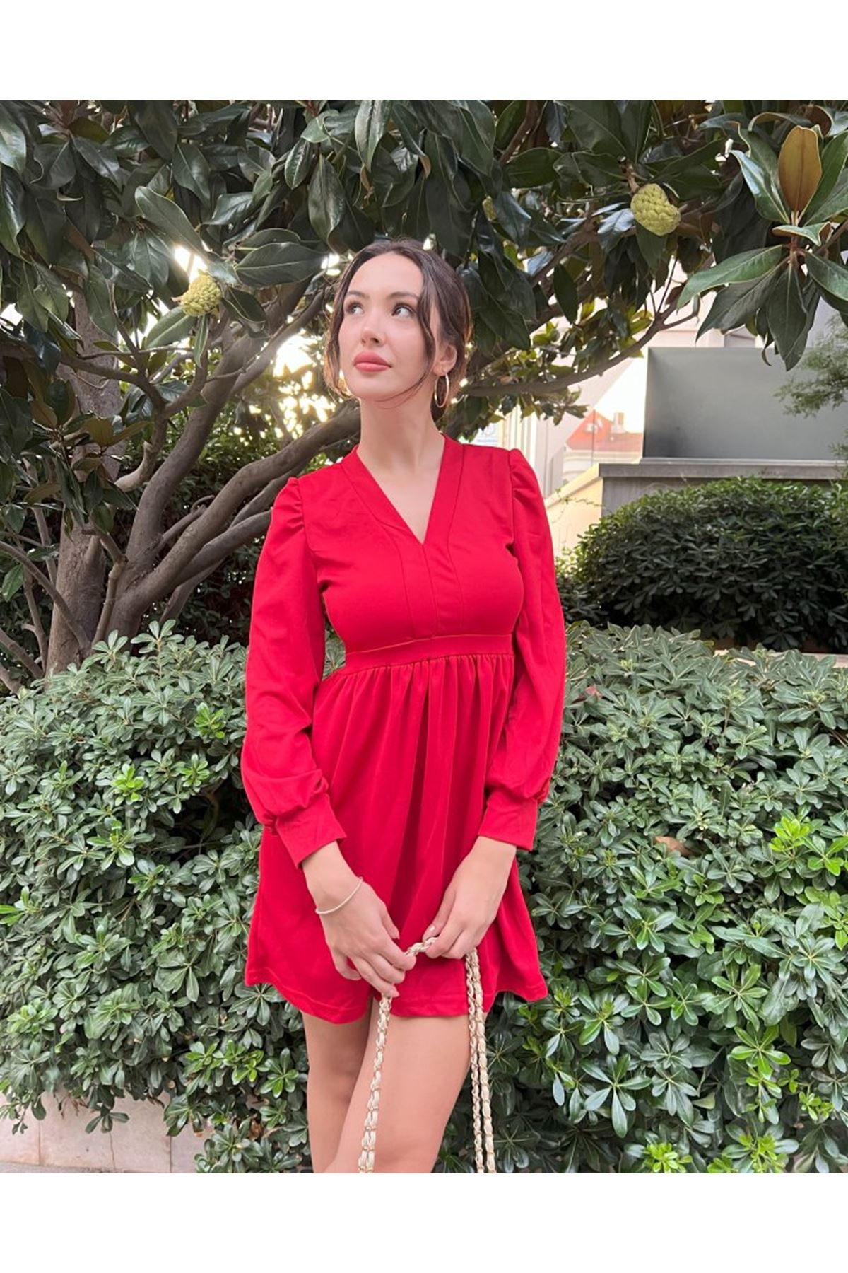 Kadın Uzun Kollu V Yaka Belden Hafif Pileli Scuba Krep Mini Boy Elbise