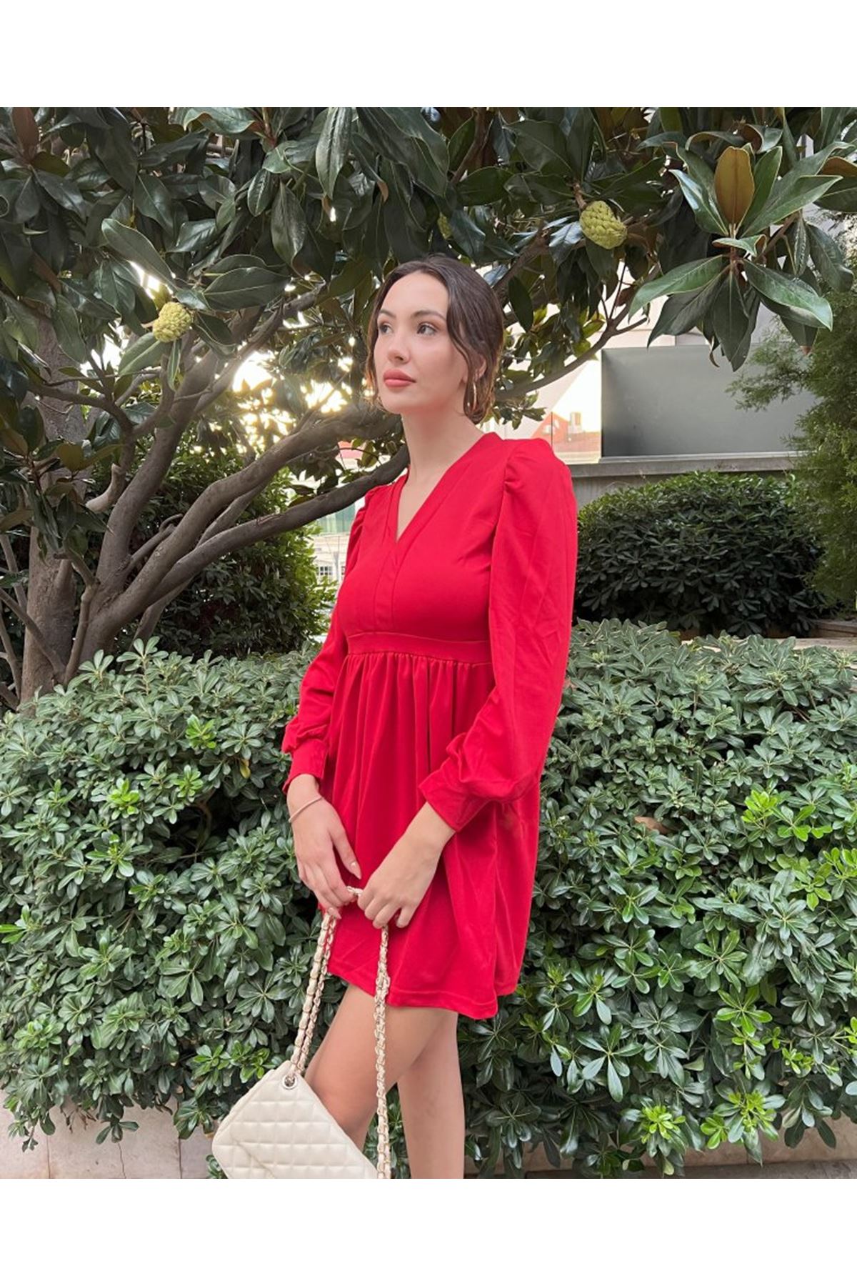 Kadın Uzun Kollu V Yaka Belden Hafif Pileli Scuba Krep Mini Boy Elbise