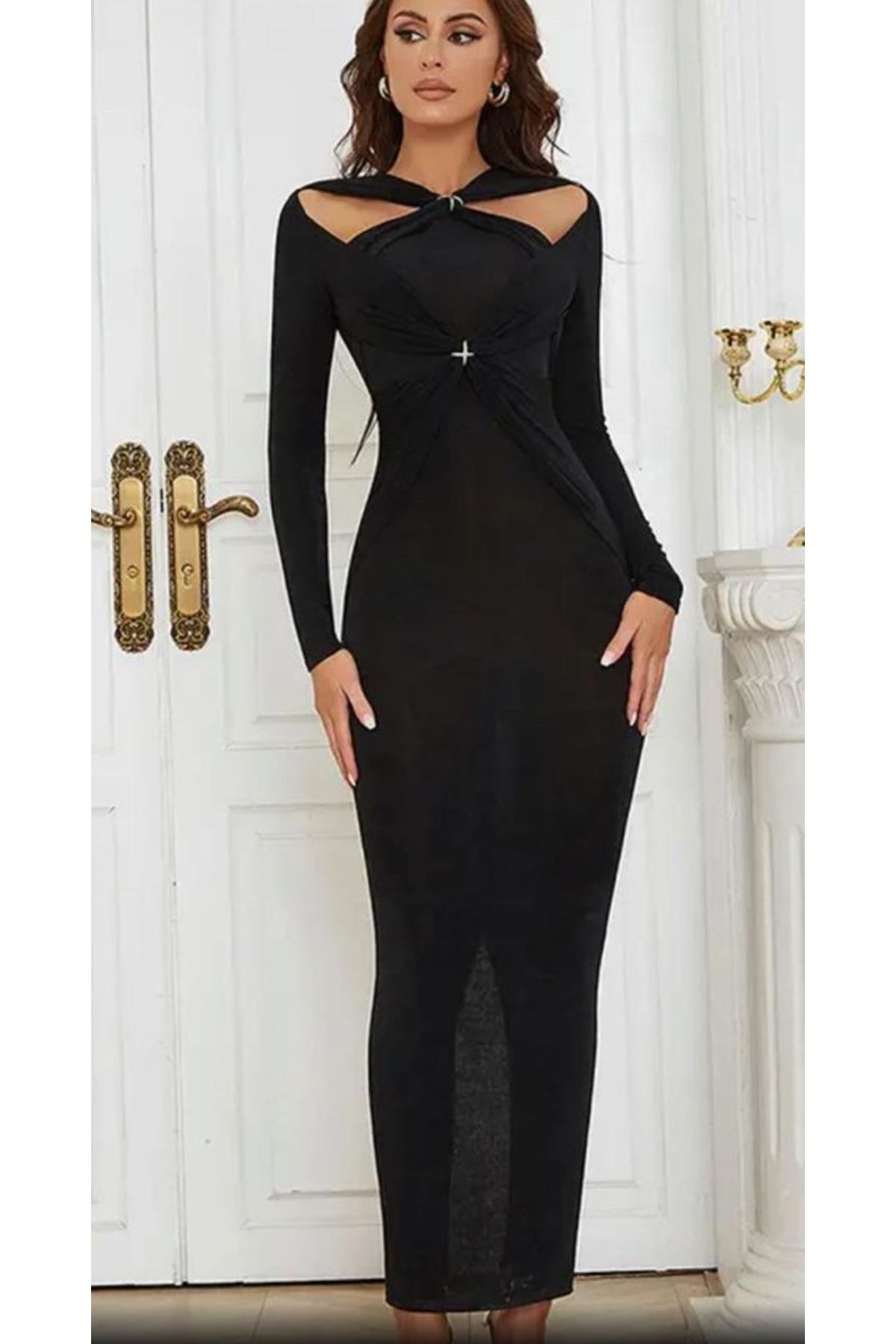 Kadın çapraz Omuz Dekolteli Toka Detay Fırsat ürün Maxi Boy Elbise