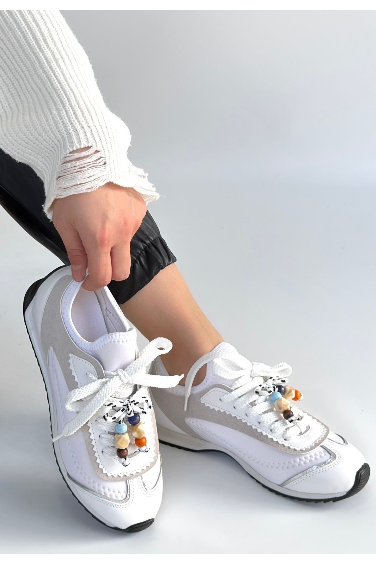Riaf Beyaz Cilt Bağcıklı Spor Ayakkabı