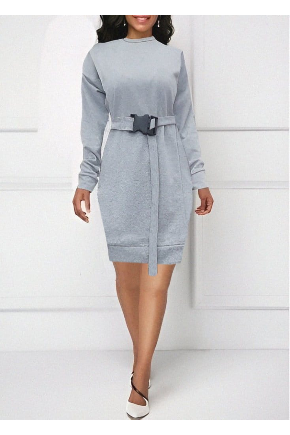 Kadın Uzun Kollu Bisiklet Yaka Kuşaklı Iki Iplik Elbise
