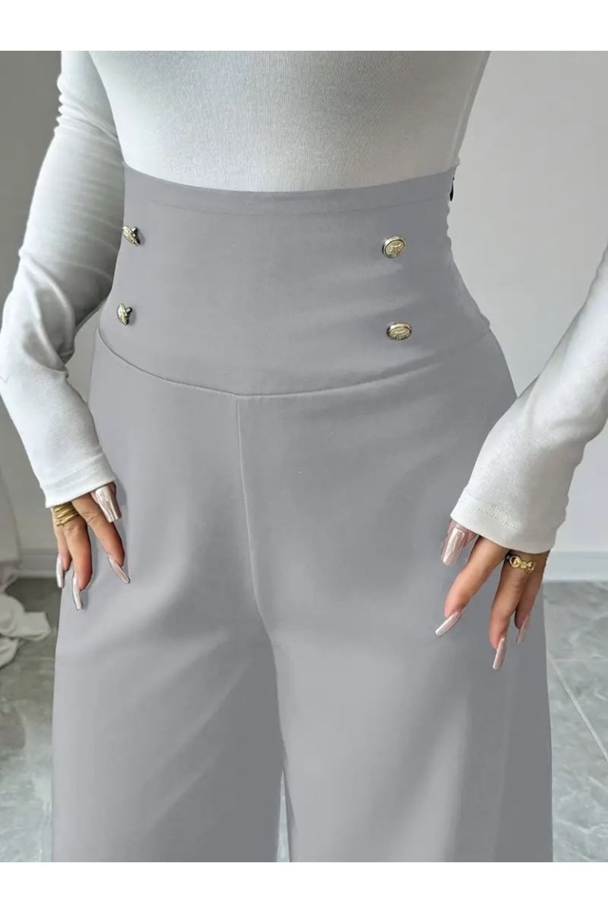 Kadın Yüksek Bel Düğmeli Geniş Paçalı Ithal Krep Pantolon