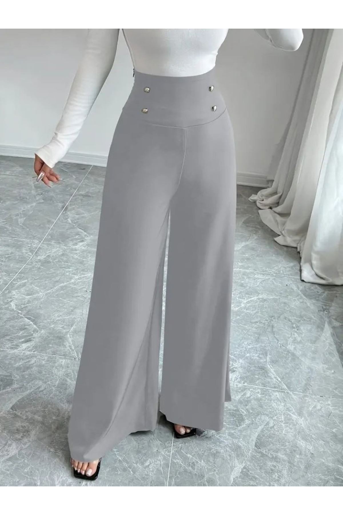 Kadın Yüksek Bel Düğmeli Geniş Paçalı Ithal Krep Pantolon