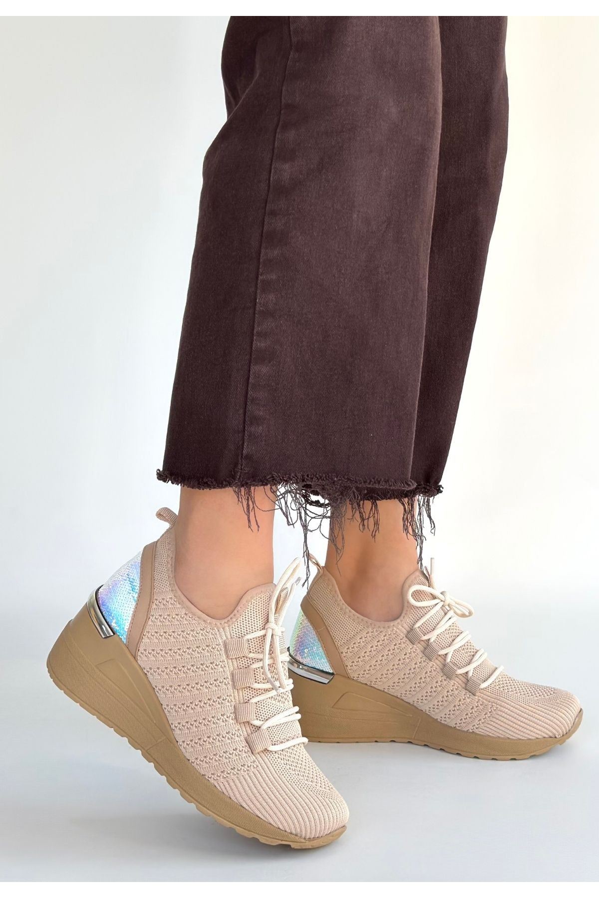 Weor Bej Triko Bağcıklı Spor Ayakkabı