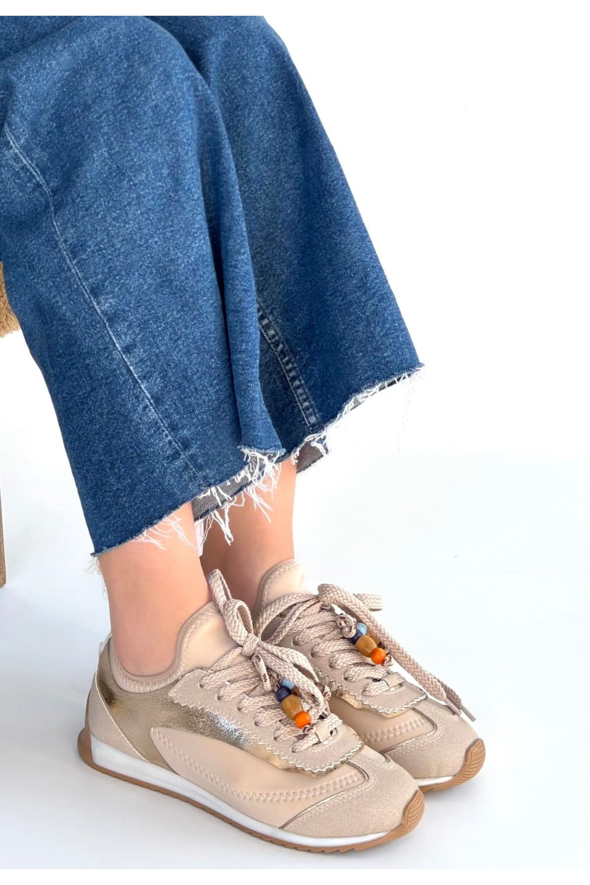 Riaf Bej Cilt Bağcıklı Spor Ayakkabı