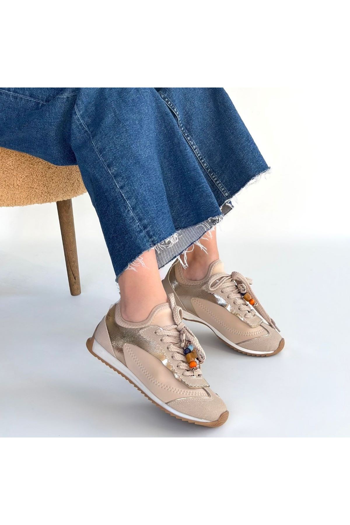 Riaf Bej Cilt Bağcıklı Spor Ayakkabı