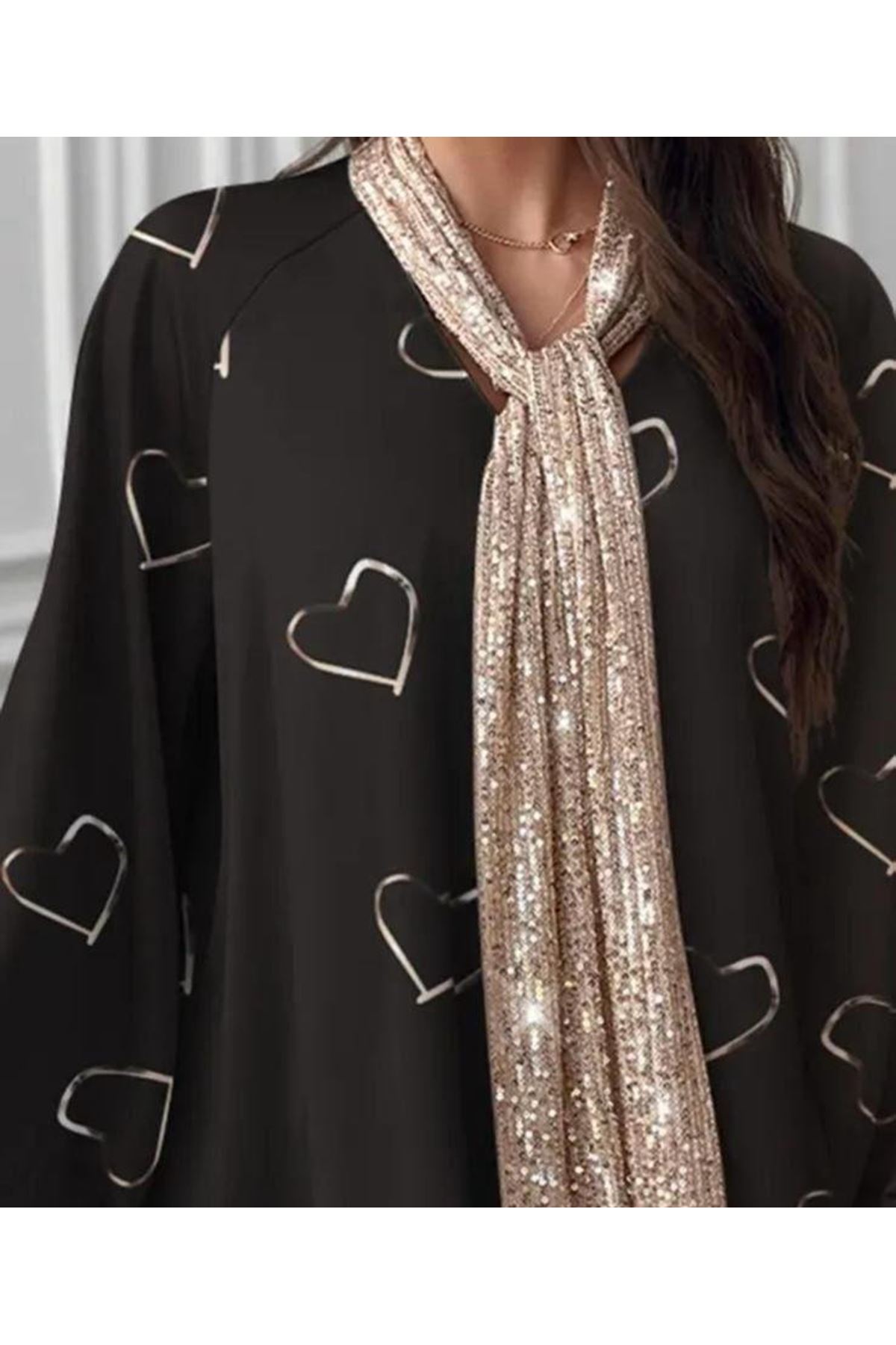 Kadın V Yaka Kalp Baskılı Fular Dahil Fırsat ürün Salaş Bluz