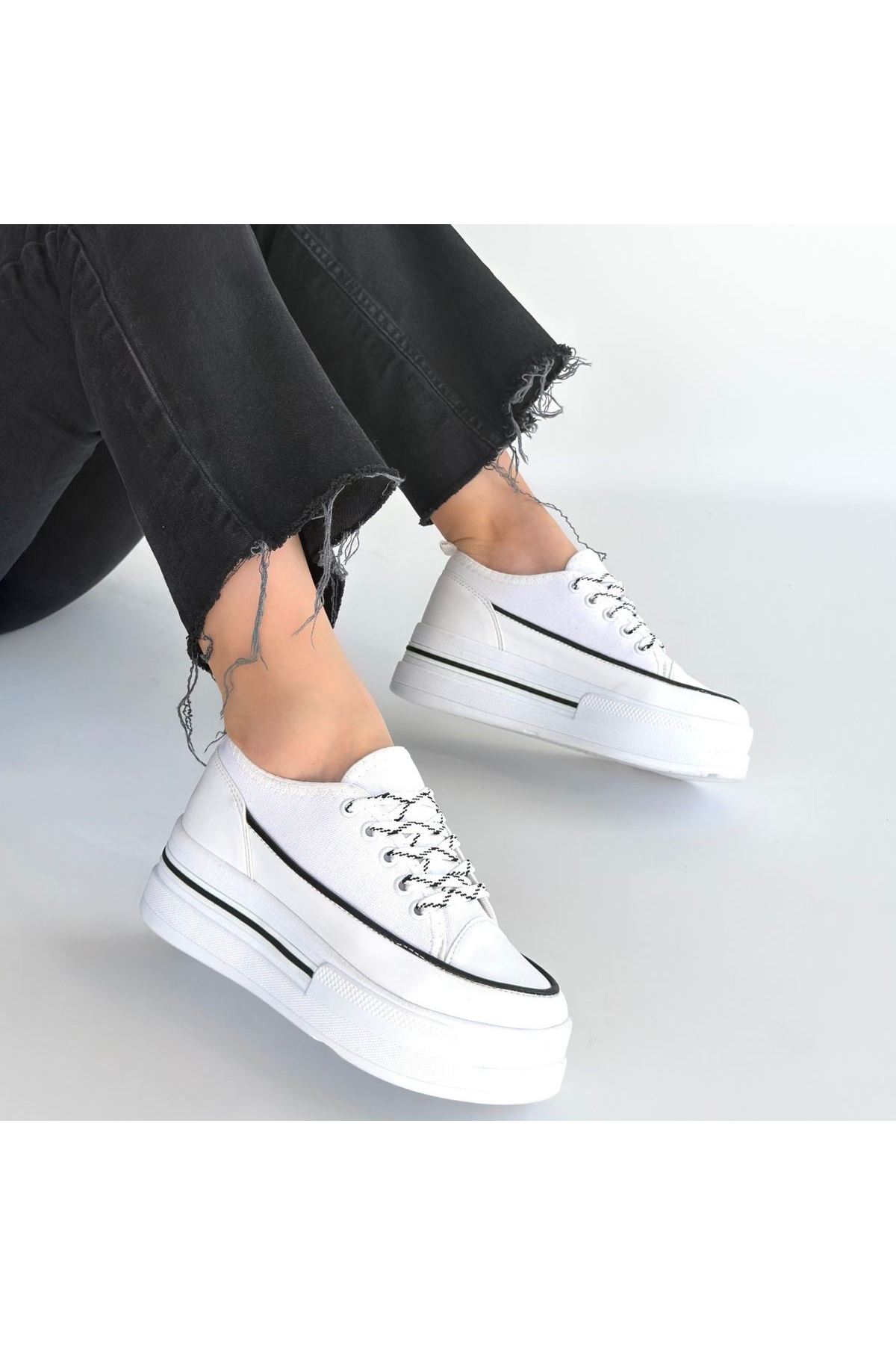 Dalen Beyaz Keten Bağcıklı Spor Ayakkabı