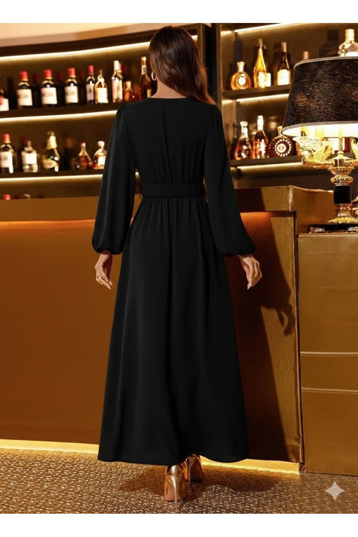 Kadın Uzun Kollu Kruvaze Yaka Beli Kemerli Yırtmaçlı Uzun Ithal Krep Elbise