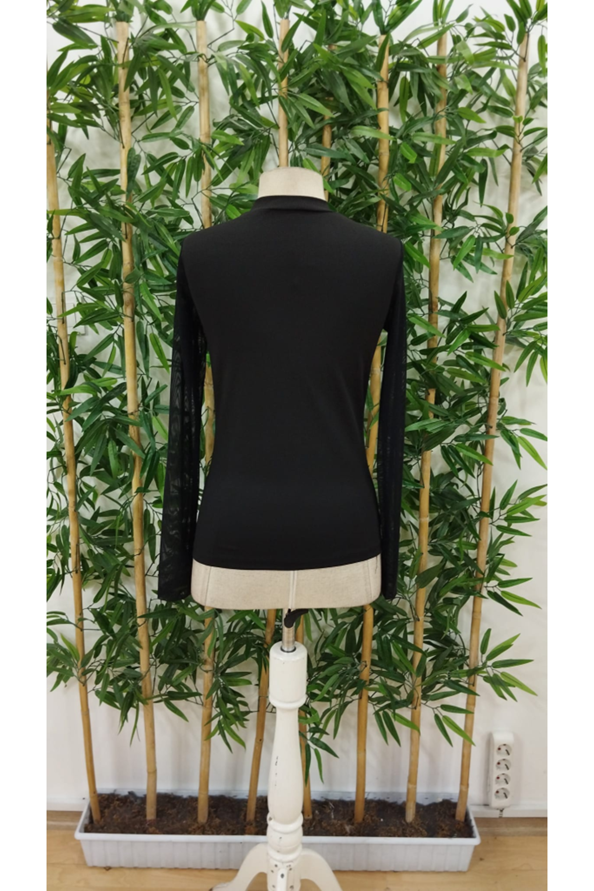 Kadın Uzun Kollu Yarı Balıkçı Yaka Kolları Tüllü Dalgıç Bluz