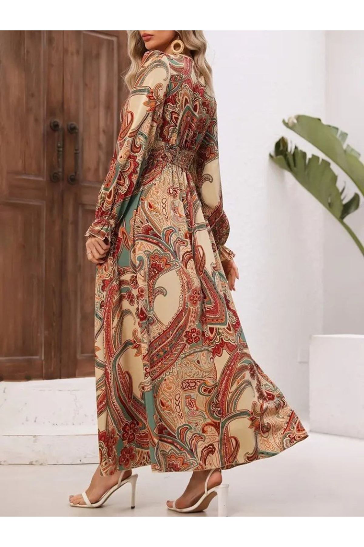 Kadın Uzun Kollu V Yakalı Beli Lastikli Desenli Süprem Elbise