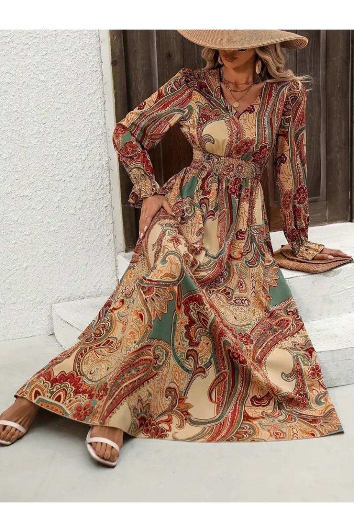 Kadın Uzun Kollu V Yakalı Beli Lastikli Desenli Süprem Elbise