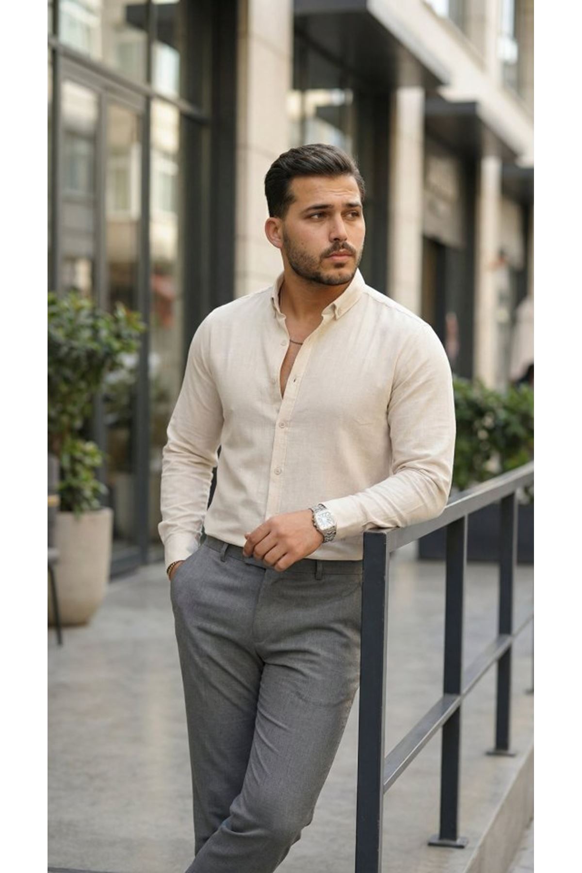 Erkek Uzun Kollu Rahat Keten Gömlek