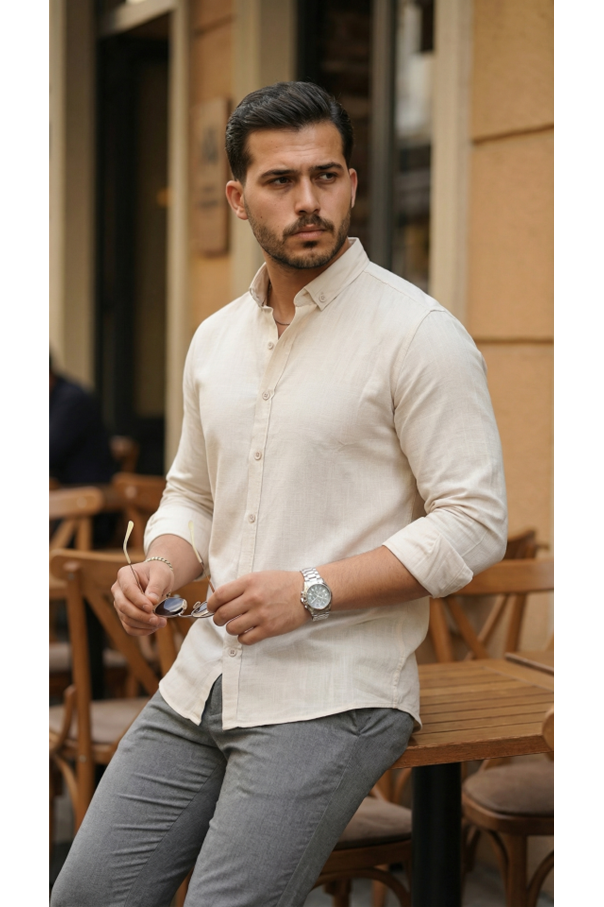 Erkek Uzun Kollu Rahat Keten Gömlek