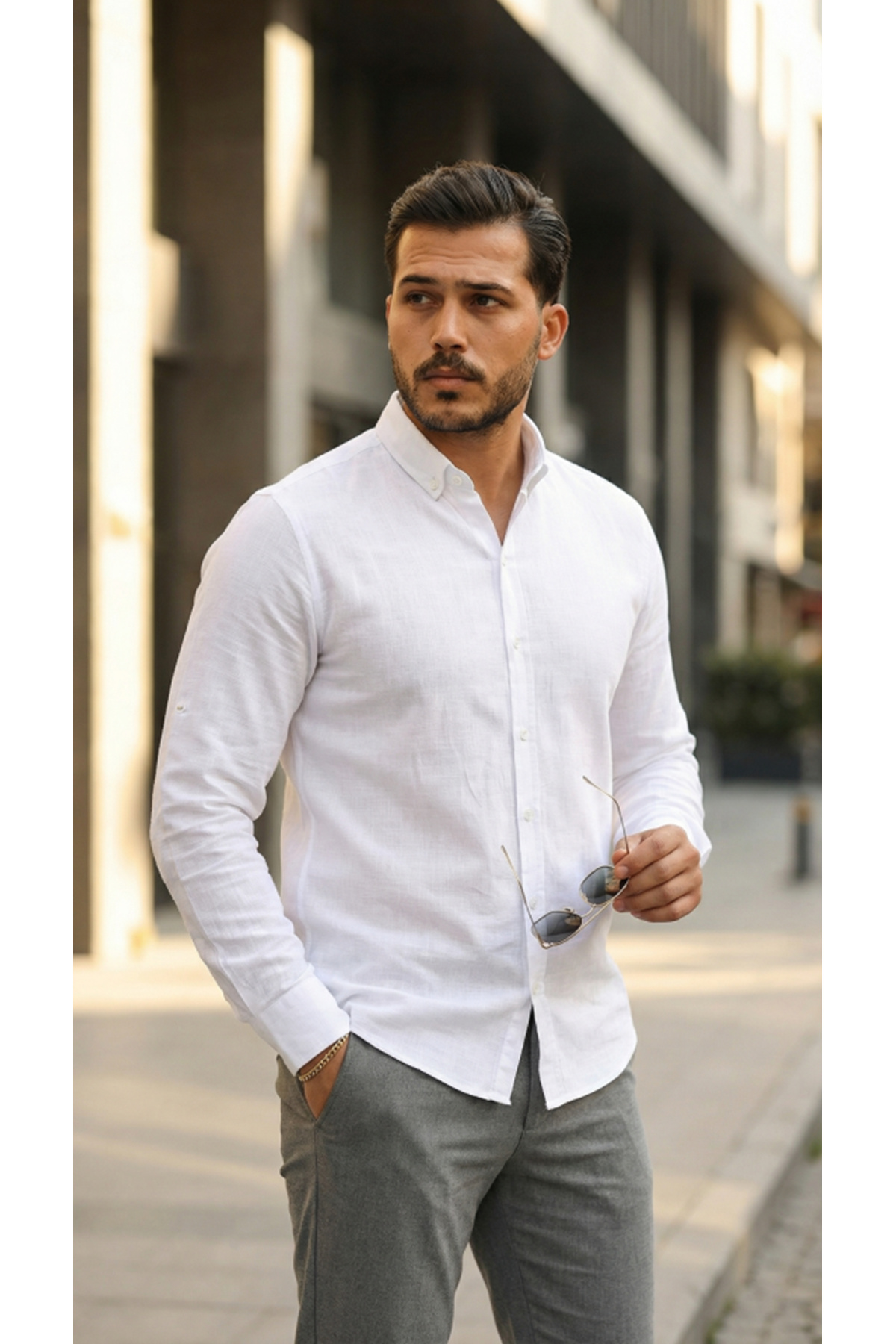 Erkek Uzun Kollu Rahat Keten Gömlek