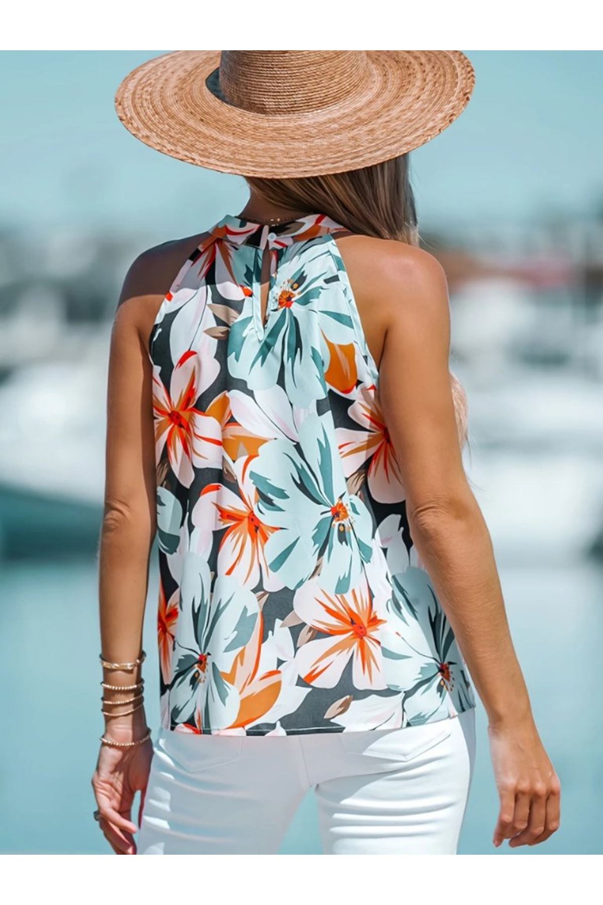 Kadın Kolsuz Halter Yaka Desenli Bluz