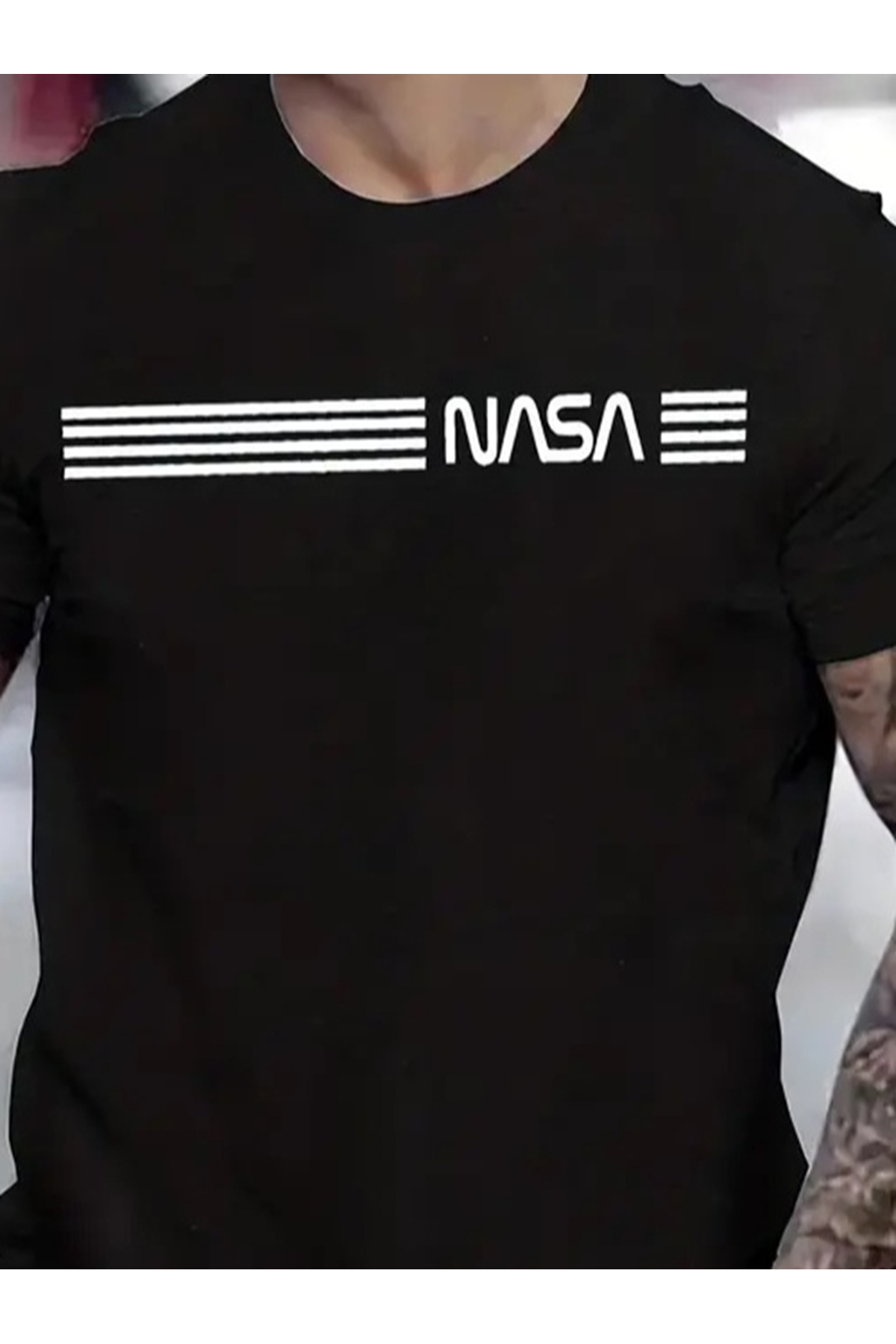 Erkek Kısa Kollu NASA Baskı Bisiklet Yaka T-shirt
