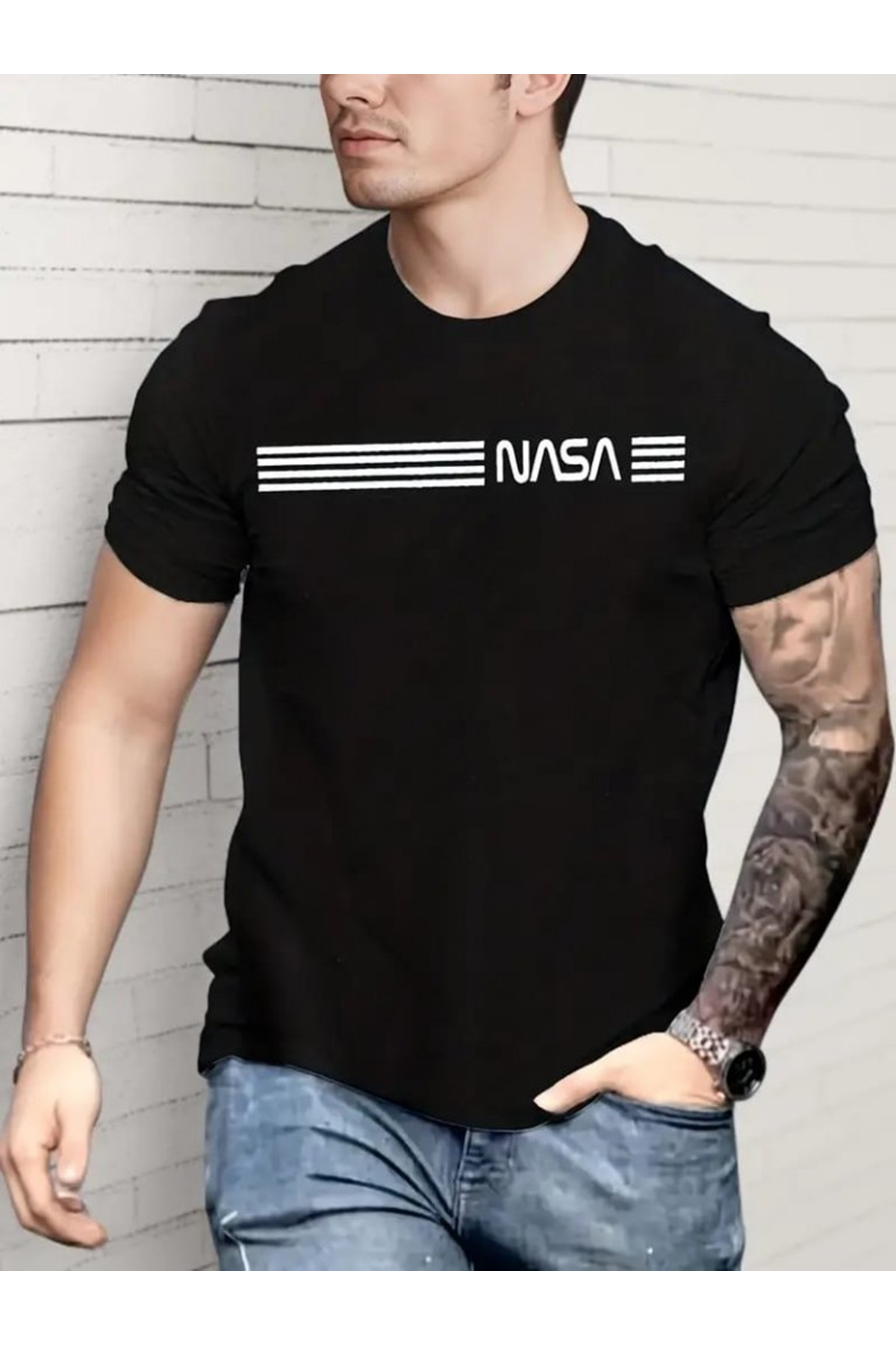 Erkek Kısa Kollu NASA Baskı Bisiklet Yaka T-shirt