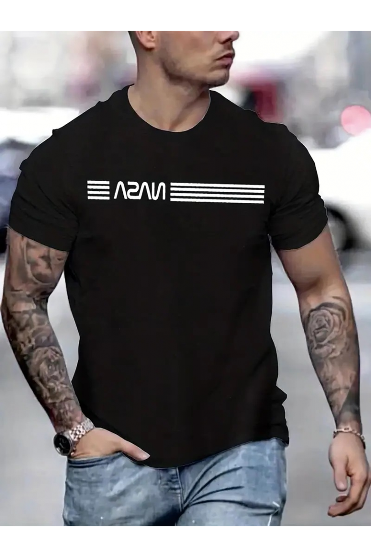 Erkek Kısa Kollu NASA Baskı Bisiklet Yaka T-shirt