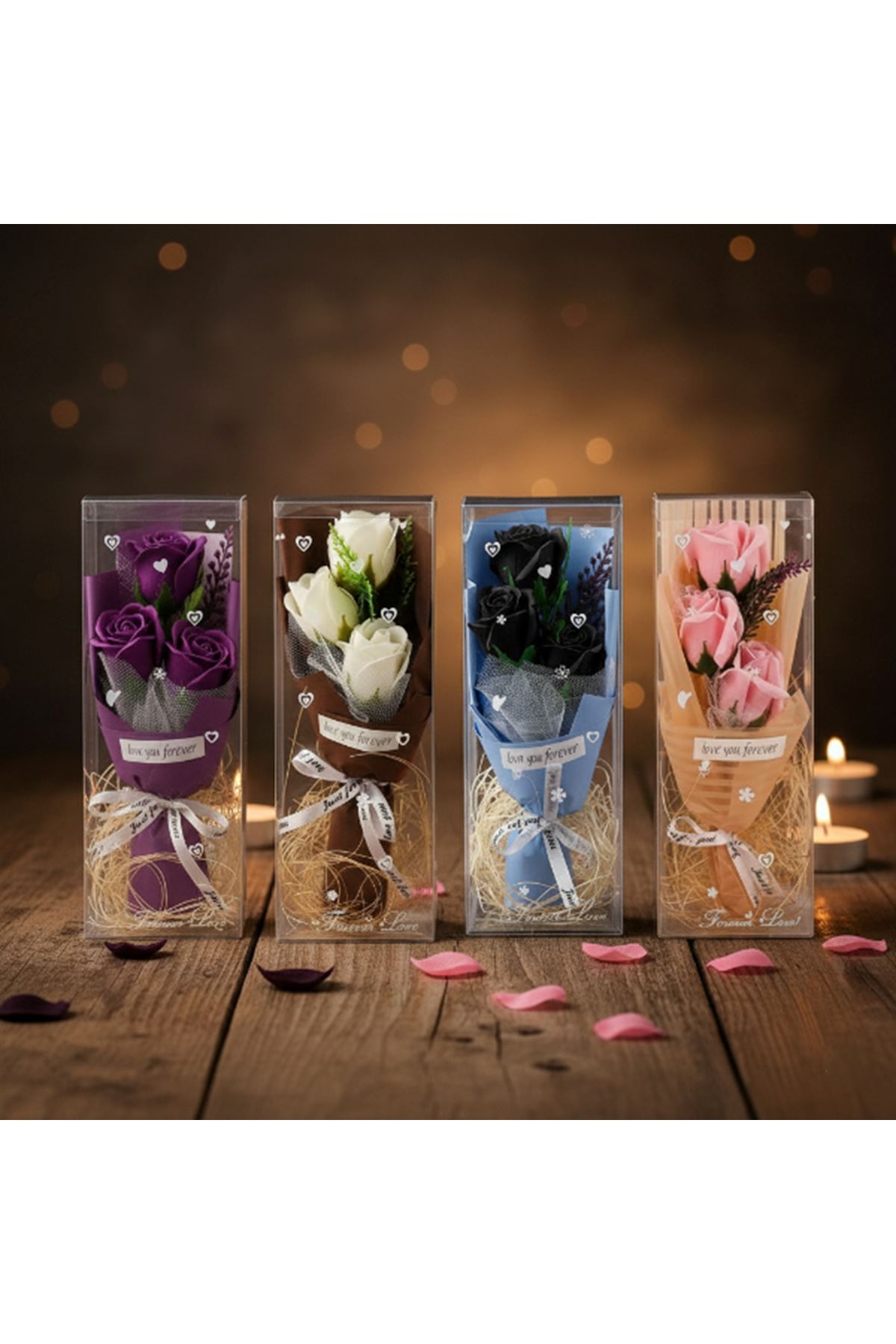 Şeffaf Kutulu Üç Gül Buketi