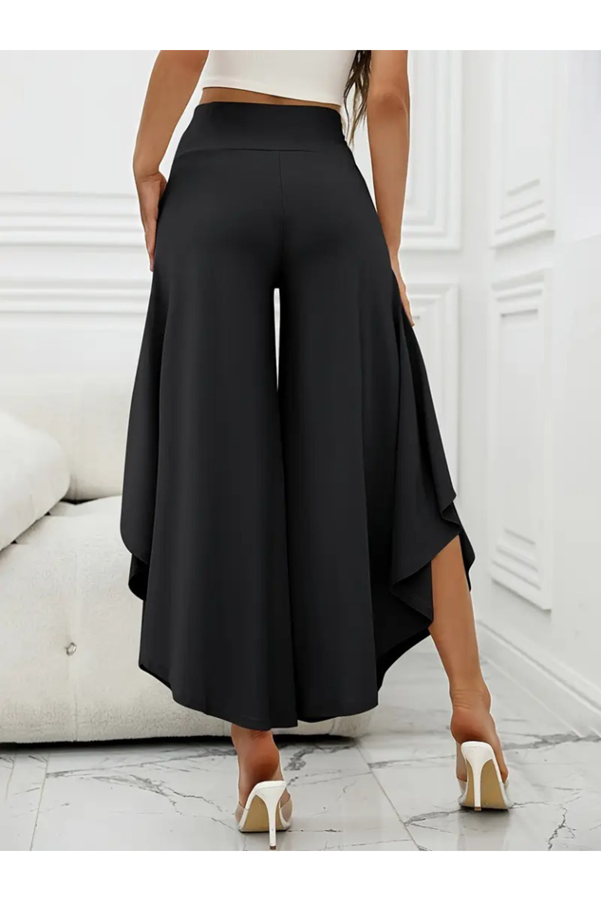 Kadın Yüksek Belli Geniş Paçalı Yanlardan Açık Sandy Pantolon