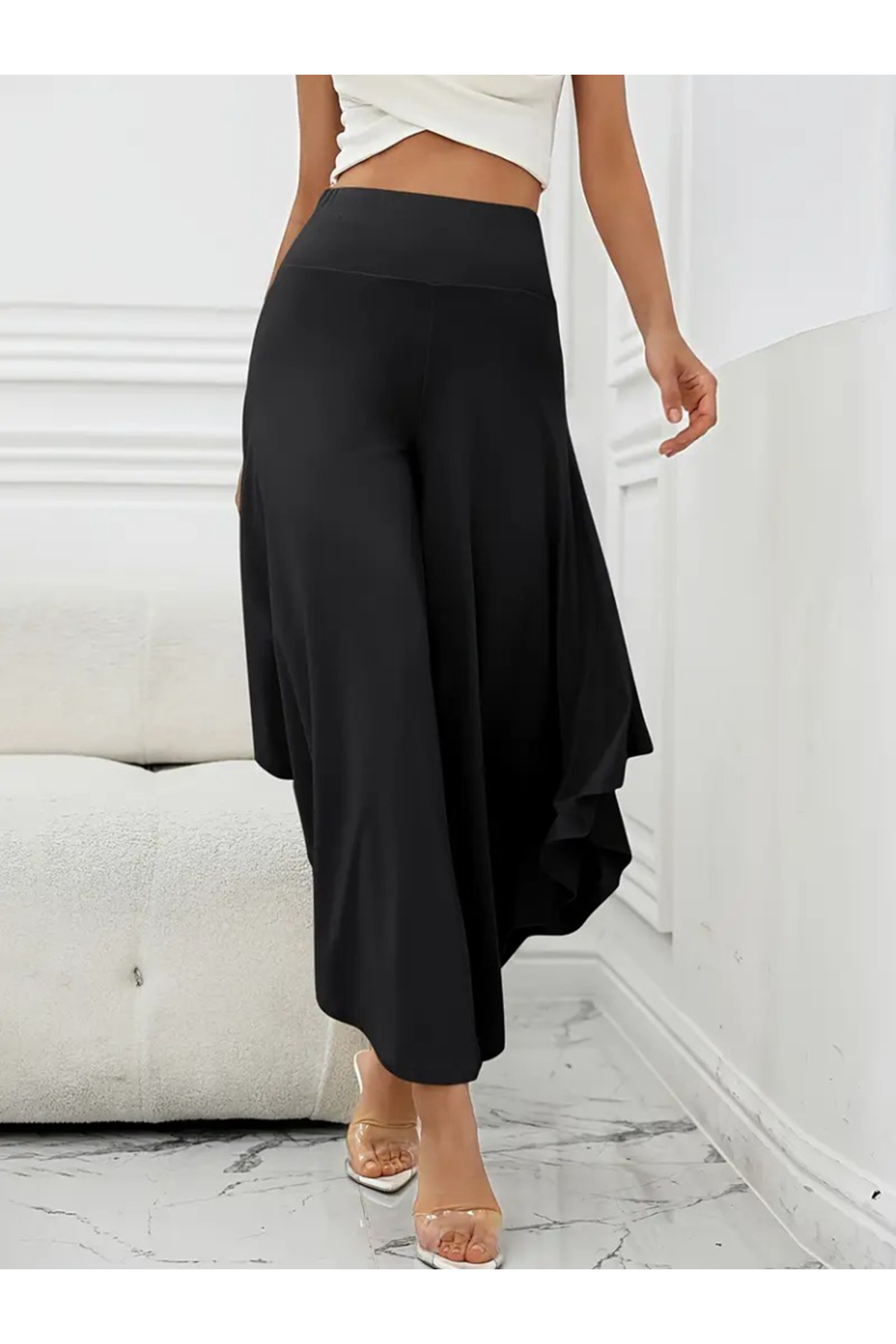 Kadın Yüksek Belli Geniş Paçalı Yanlardan Açık Sandy Pantolon